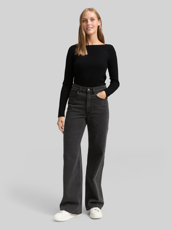 Slim fit shirt met lange mouwen en boothals door Denim Female, deep black