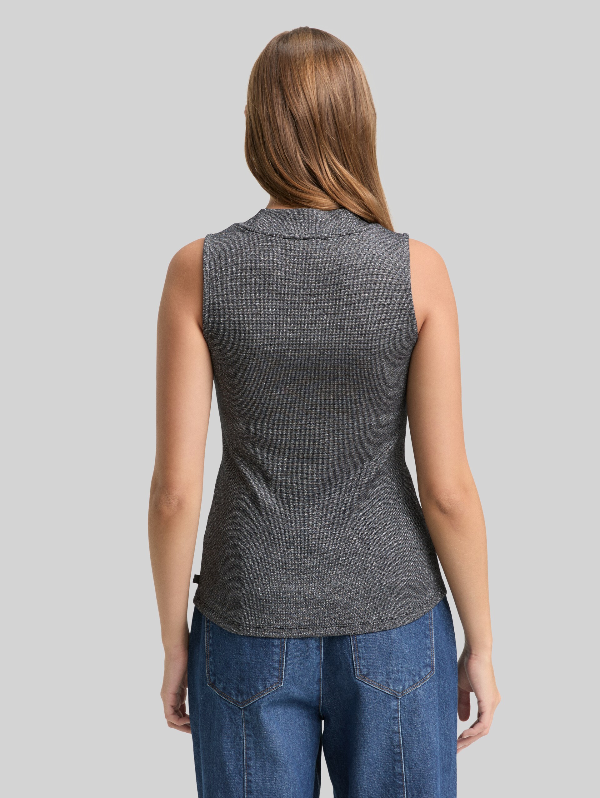 Slim fit top with glitter effect - black glitter - Neckline model-back view