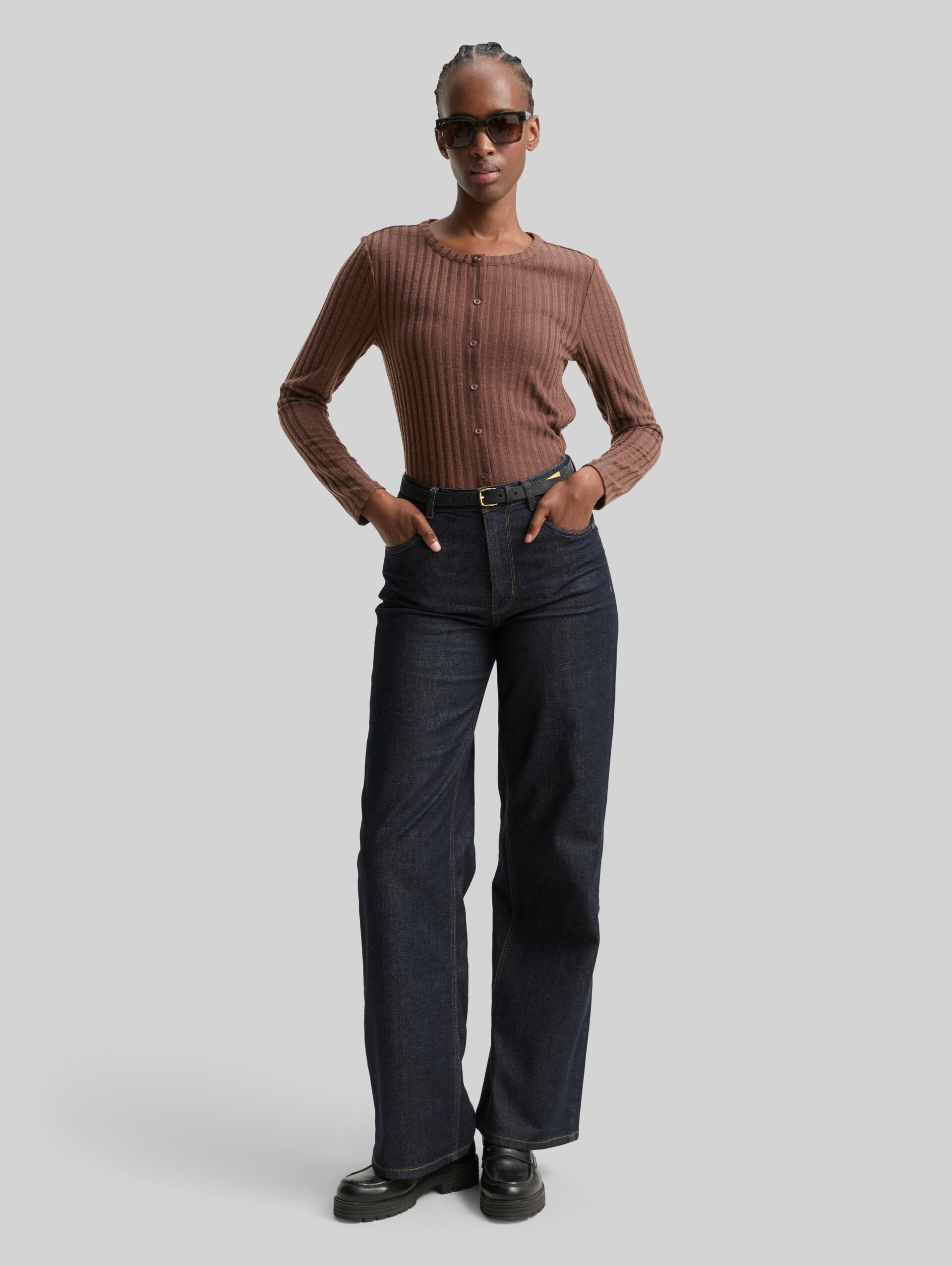 Slim fit long-sleeved shirt with decorative button placket - soft chocolate brown - Model front view