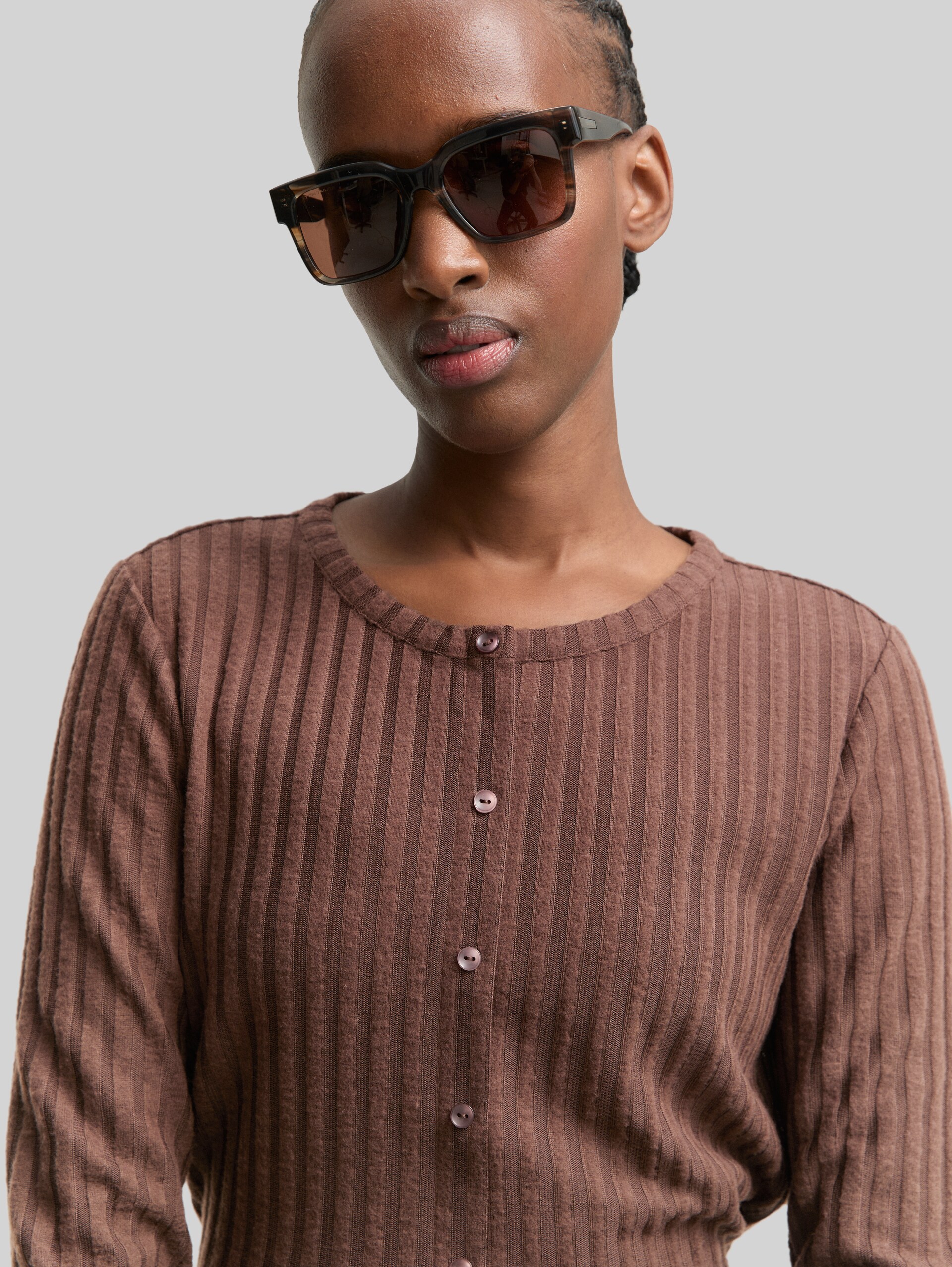 Slim fit long-sleeved shirt with decorative button placket - soft chocolate brown - Detail model view