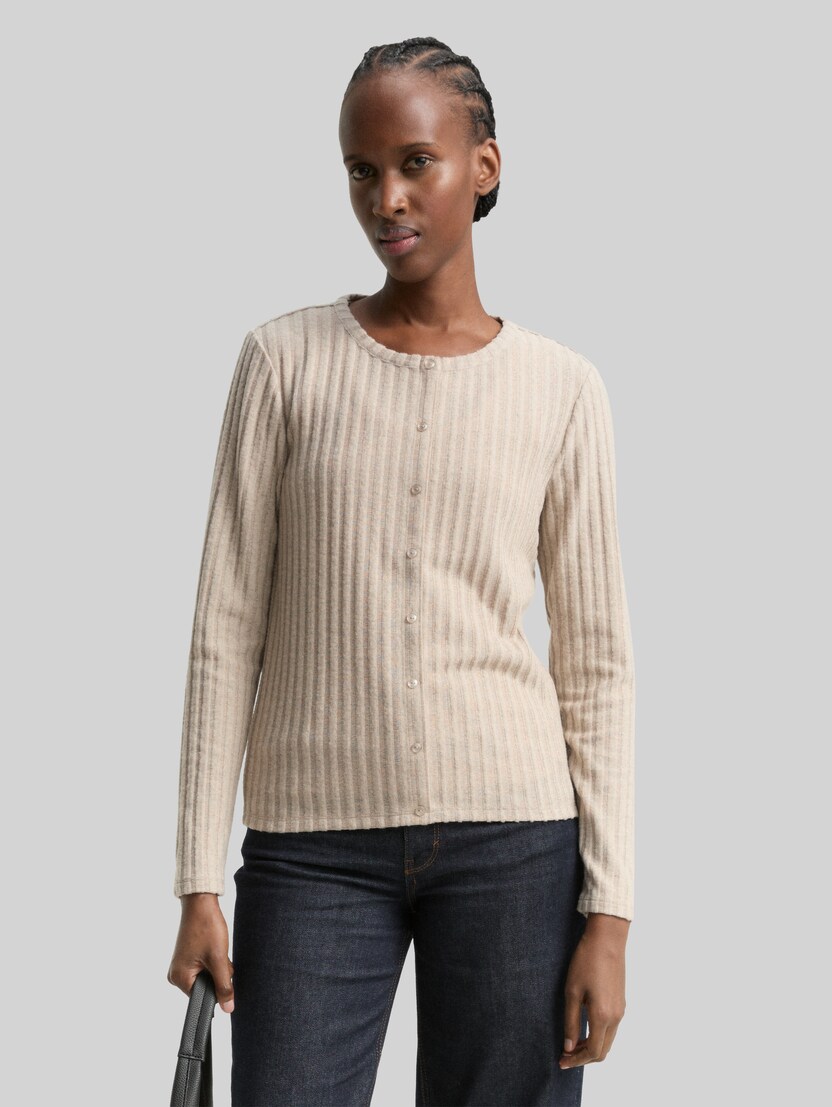 Slim fit T-shirt met lange mouwen en decoratieve knoopsluiting door Denim Female, cosy beige melange
