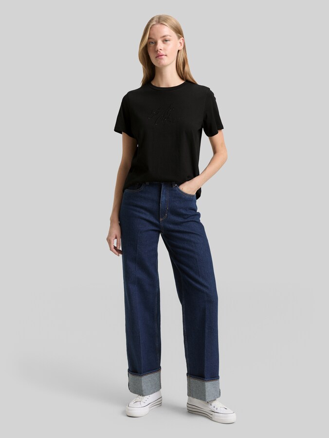 Loose fit T-shirt met glitterborduursel door Denim Female, deep black