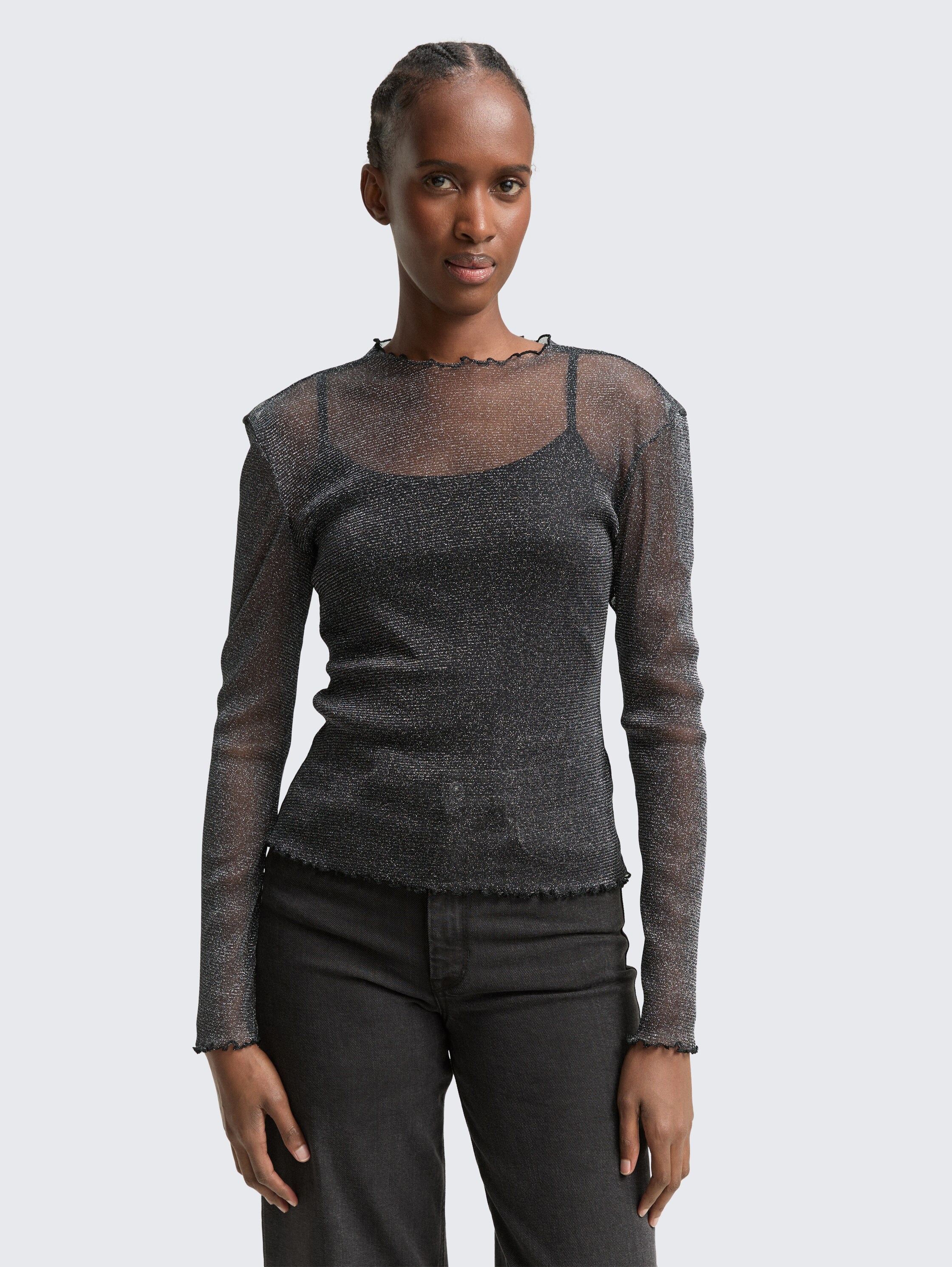 Mesh shirt met lange mouwen en glitter-effect - black_with_silver - 