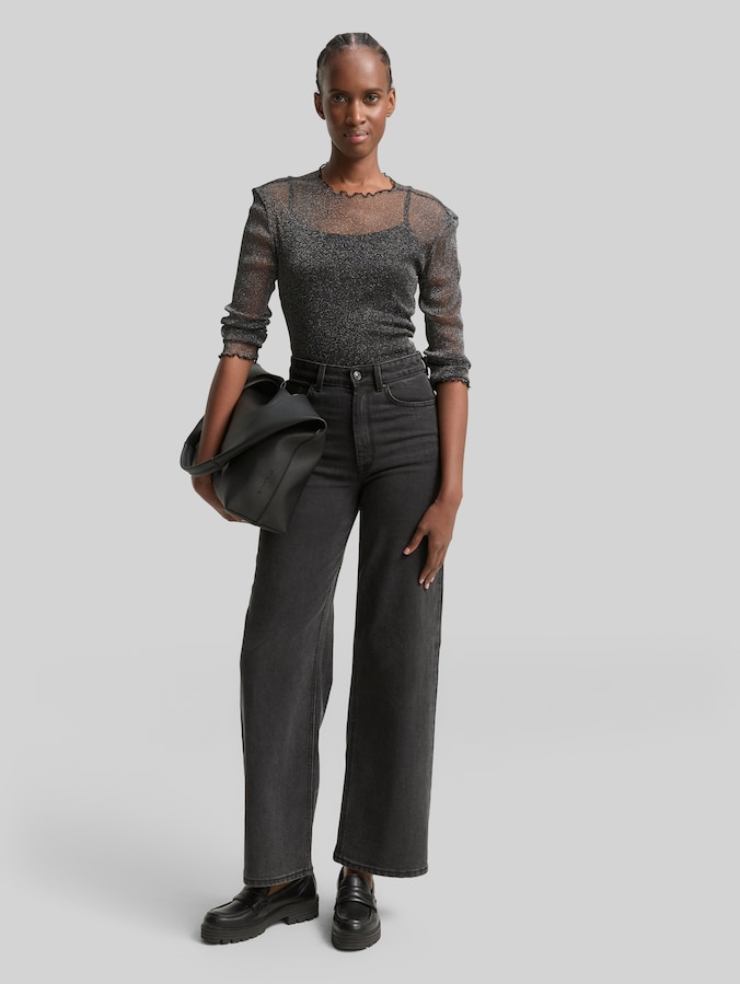 Mesh Langarmshirt mit Glitzer-Effekt von Denim Female, black with silver