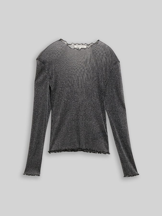 Mesh shirt met lange mouwen en glitter-effect door Denim Female, black with silver