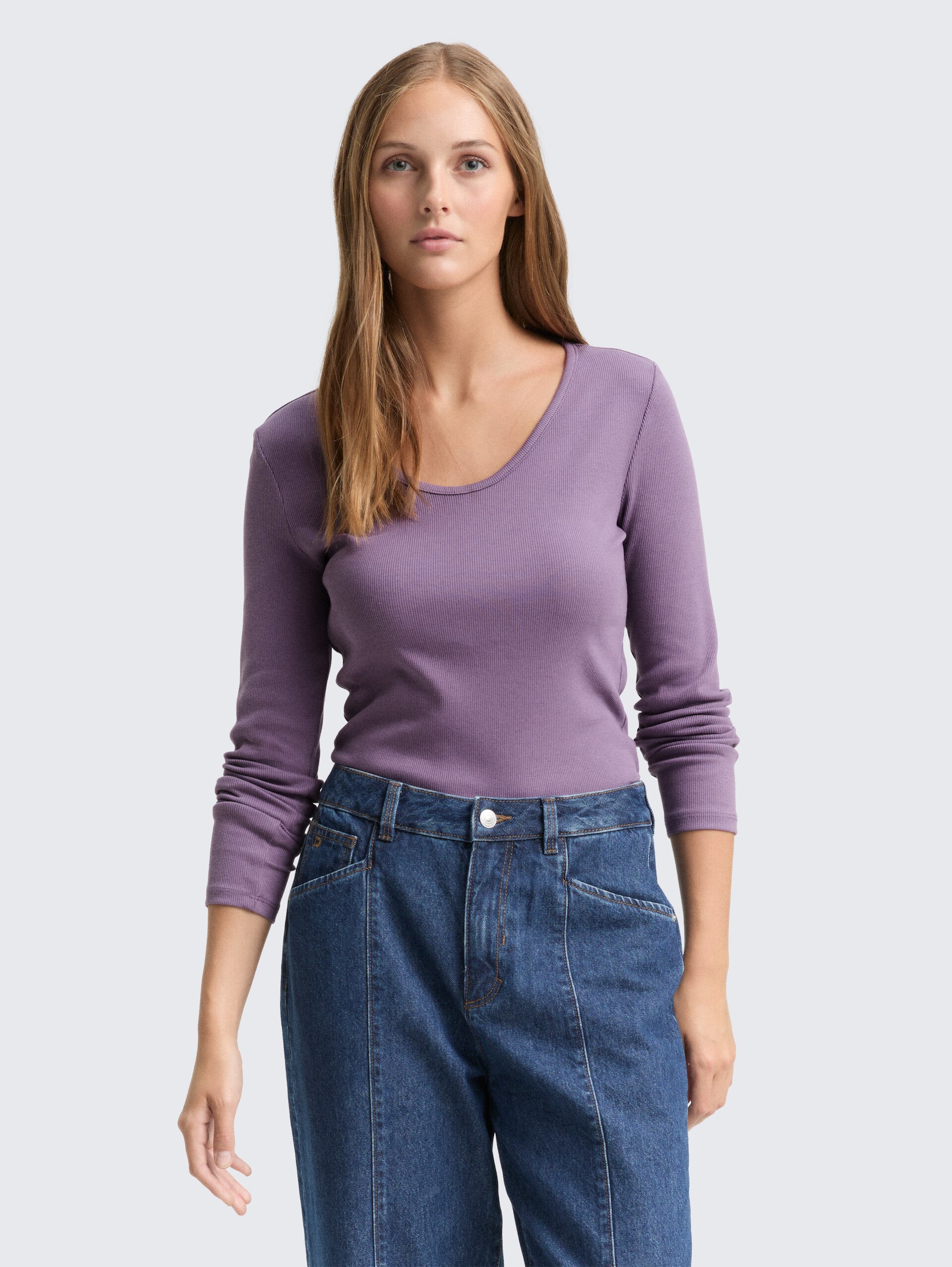 Slim fit shirt met lange mouwen en ribstructuur - Lavender Herb - Nek model vooraanzicht