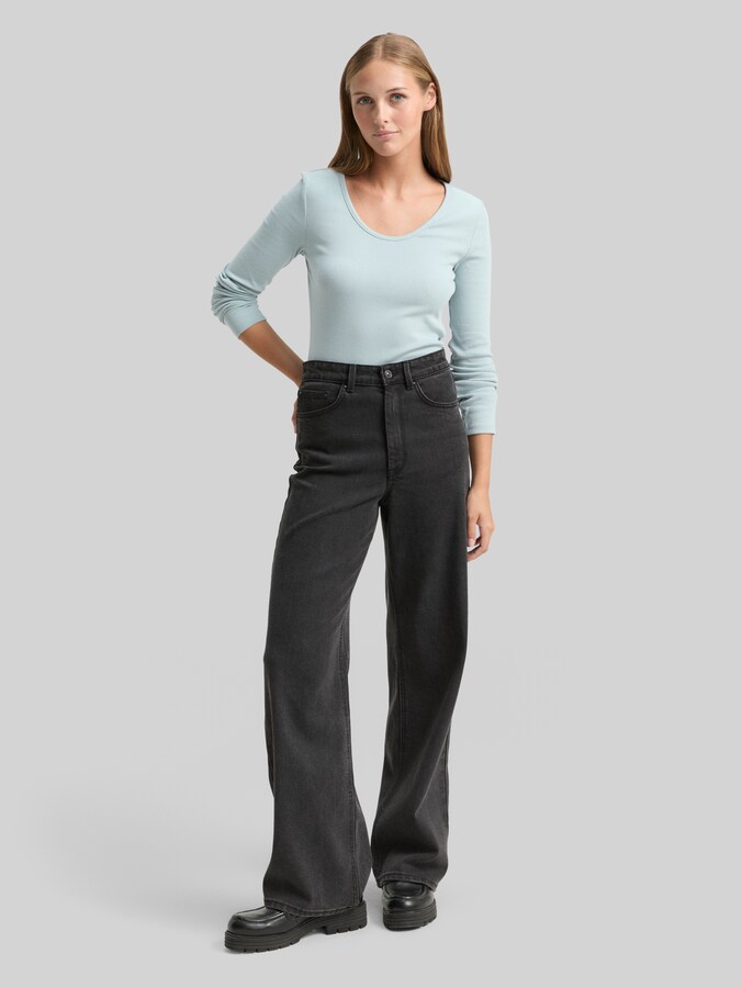 Slim fit shirt met lange mouwen en geribde structuur door Denim Female, Silver Cloud Blue