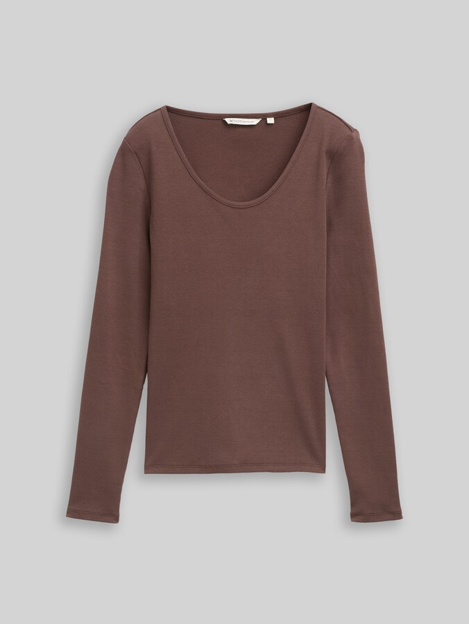 Slim Fit Langarmshirt mit Rippstruktur von Denim Female, soft chocolate brown