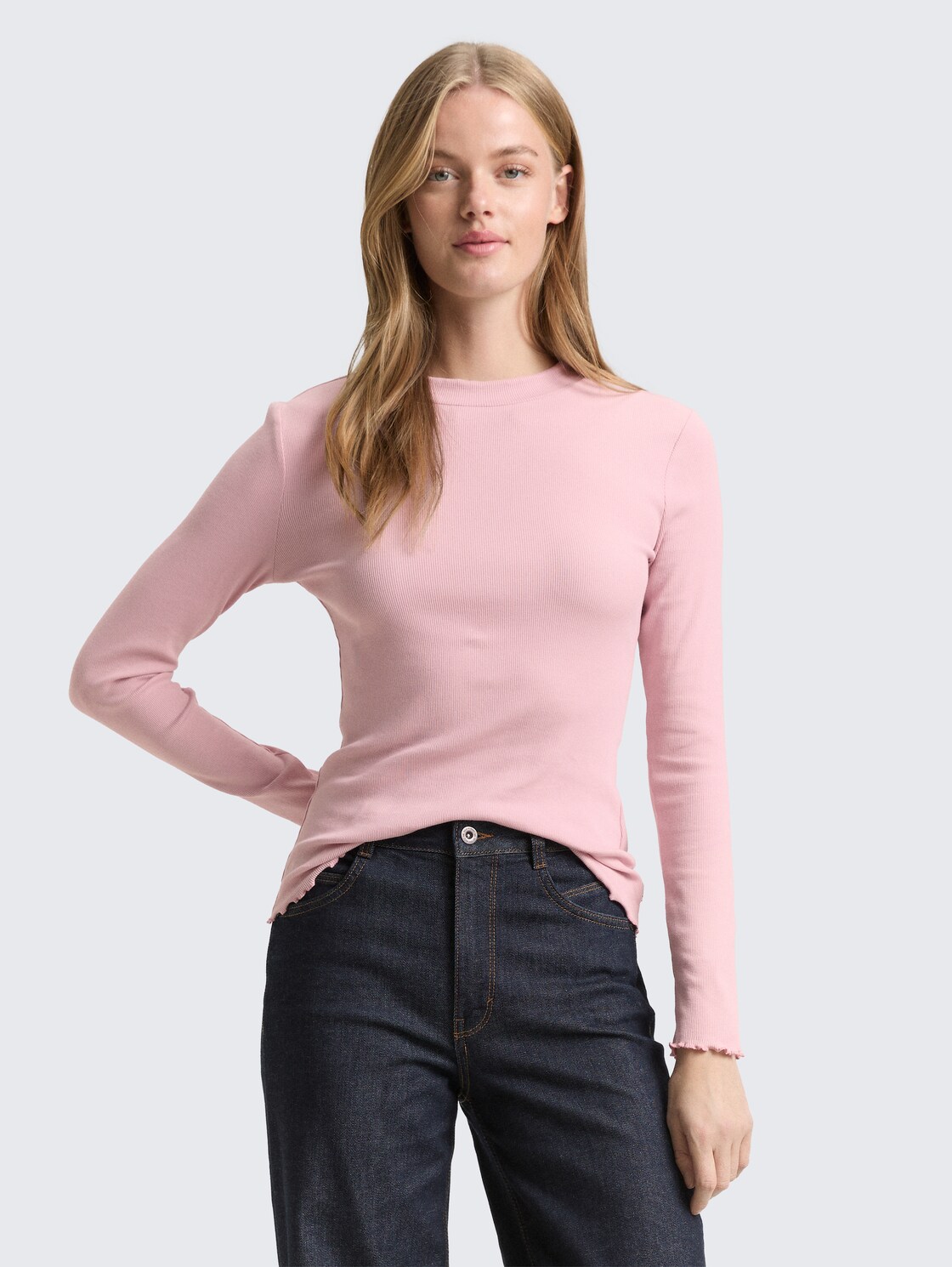Slim fit shirt met lange mouwen en ribstructuur - soft mauve rose - Nek model vooraanzicht