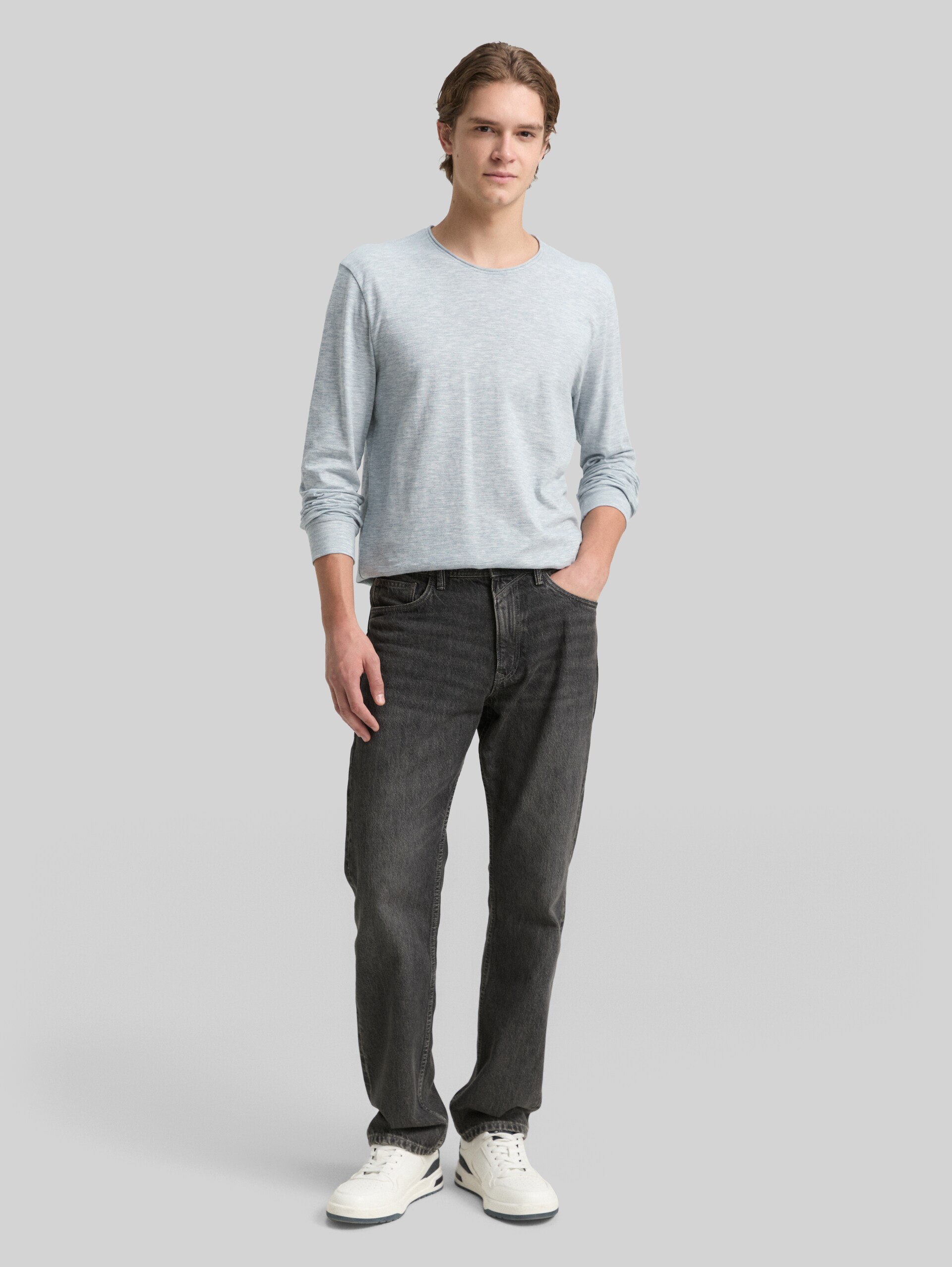 Long-sleeved shirt with blended look - dusty denim blue - Model front view