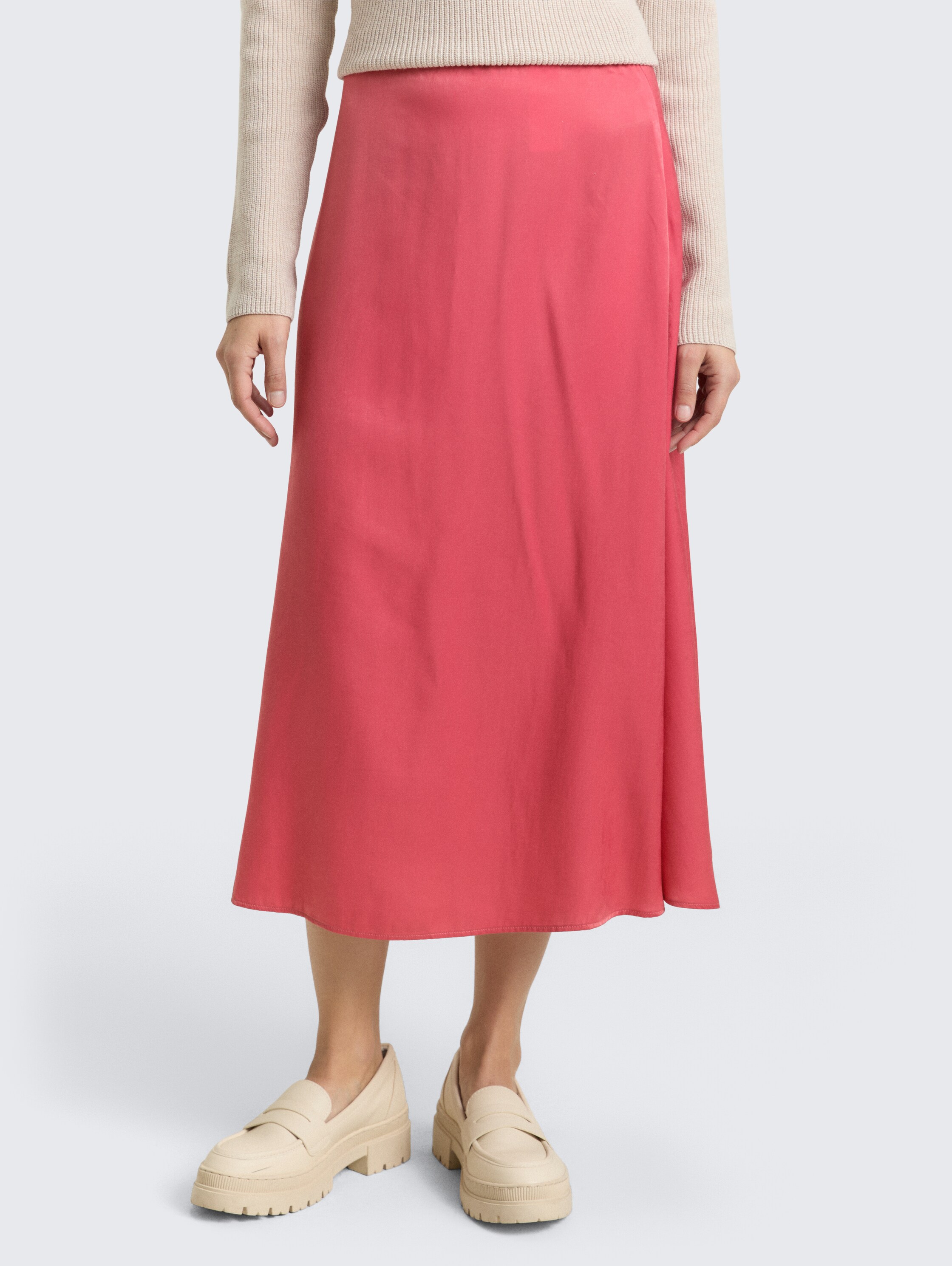 High Waist Satin Midi-Rock - cozy pink - Ausschnitt Model-Vorderansicht