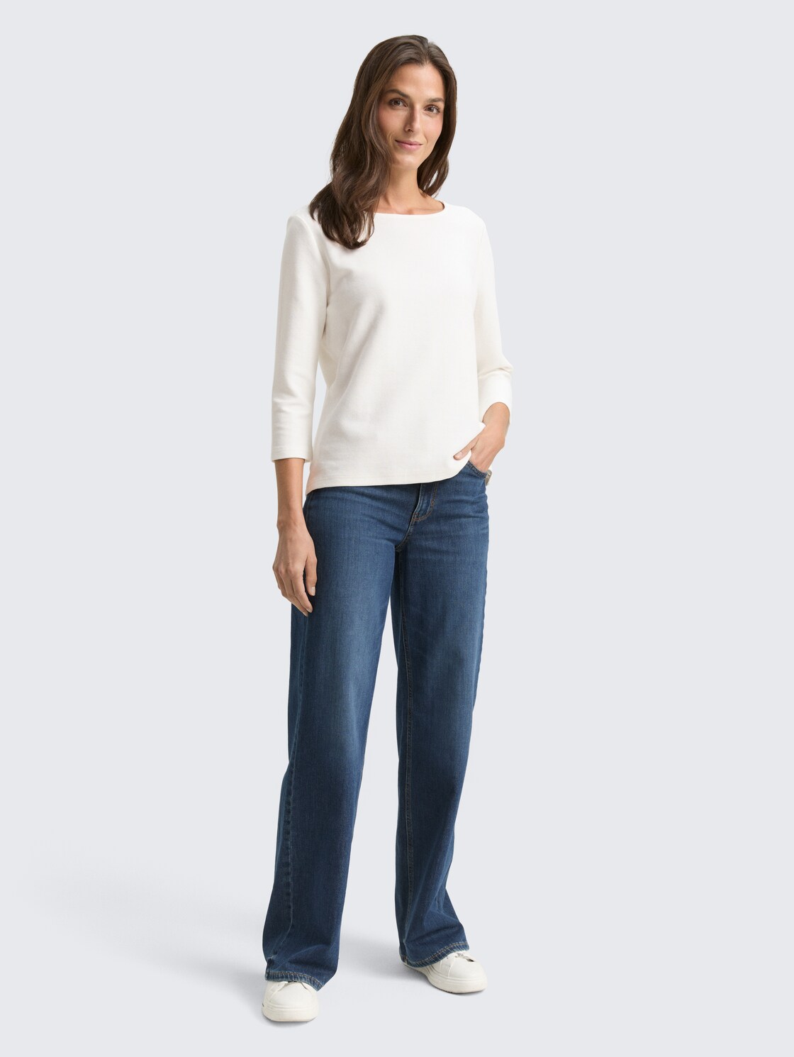 Langarmshirt mit Ottoman-Struktur - Whisper White - Model-Vorderansicht