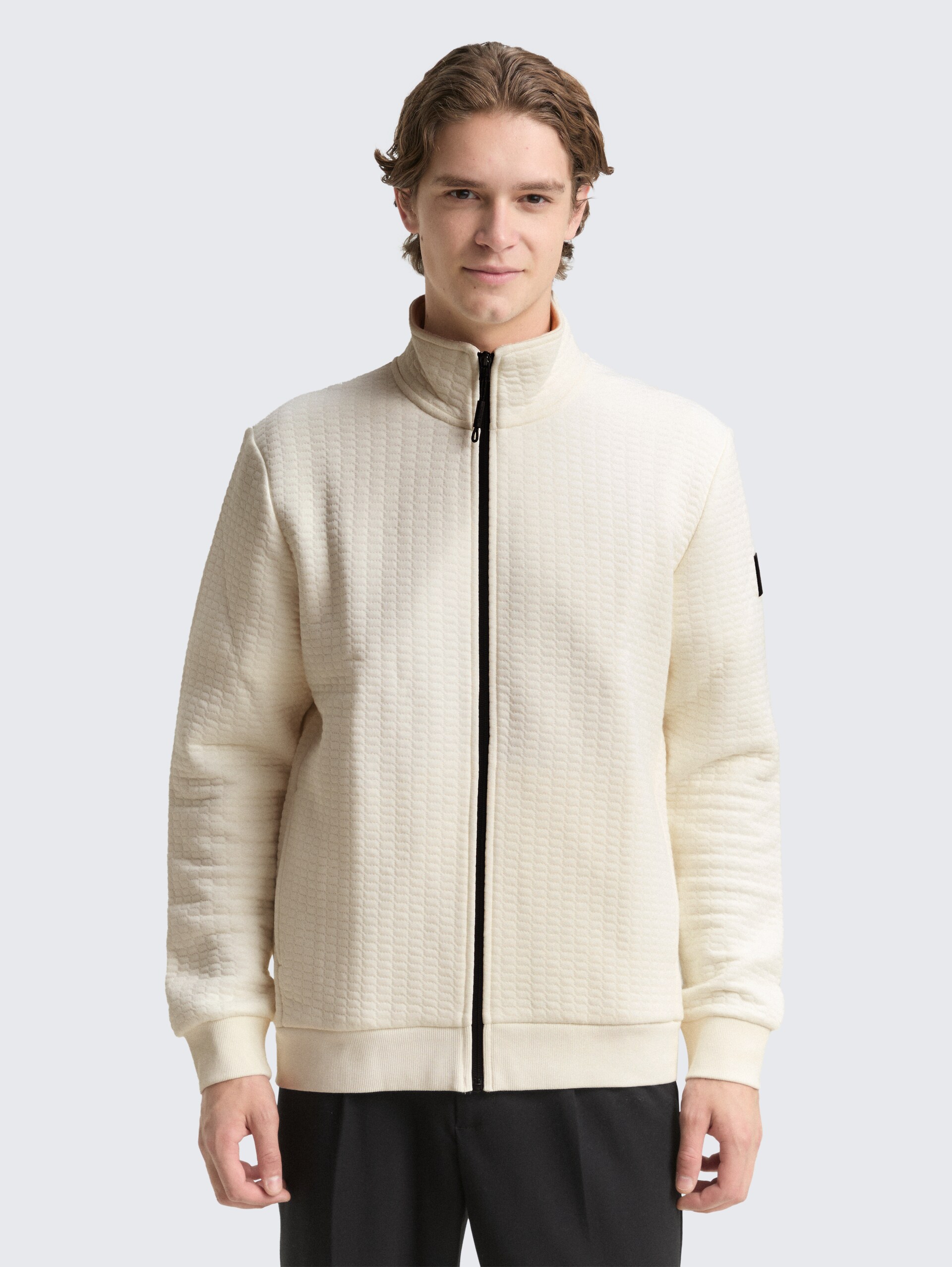 Sweatjacke mit Stehkragen - Wool White - Ausschnitt Model-Vorderansicht
