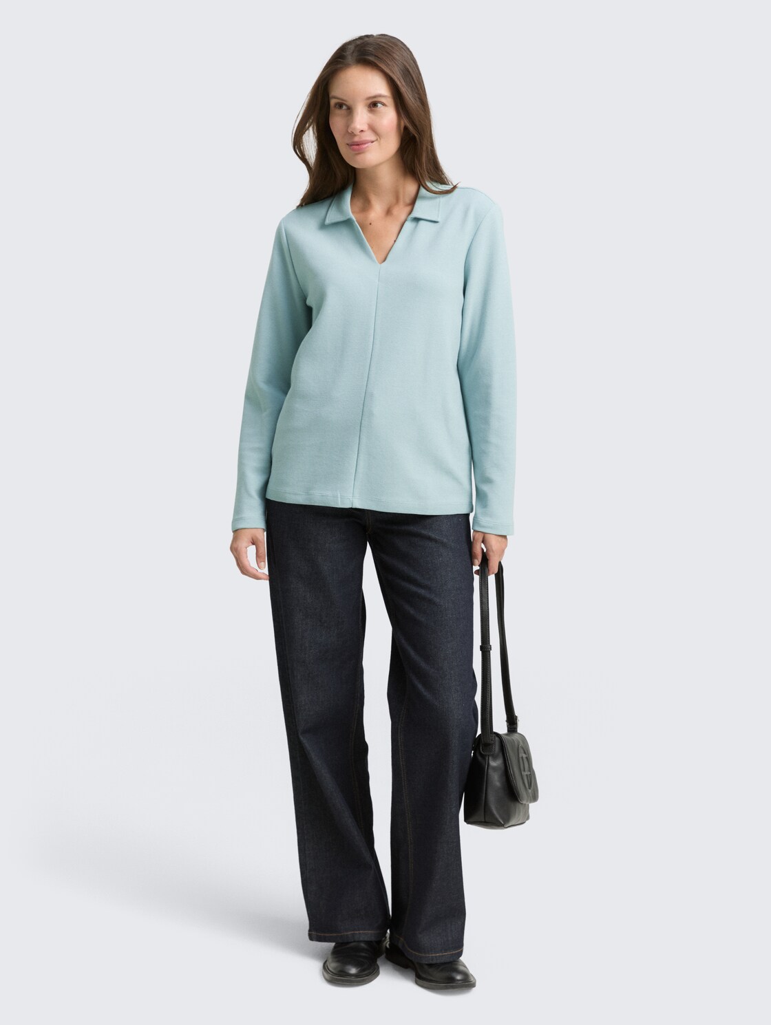 Langarmshirt mit Polokragen - white moss - Model-Vorderansicht