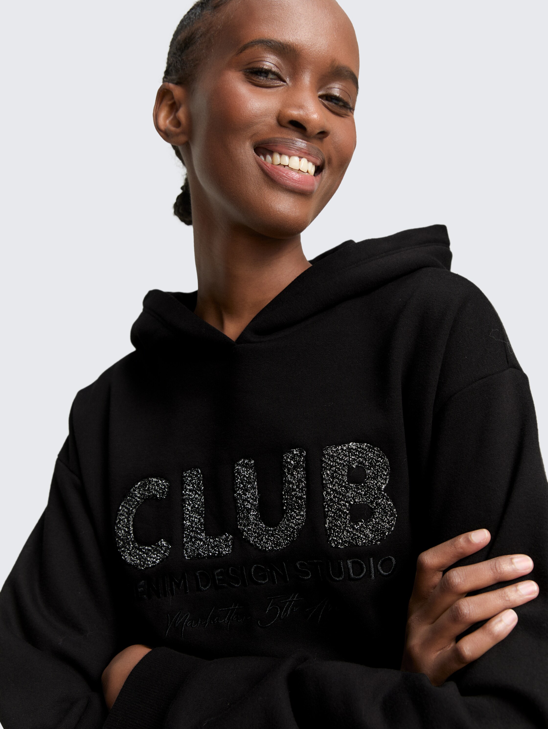 Oversized hoodie Sweatshirt with glitter appliqué - deep_black_1 - 