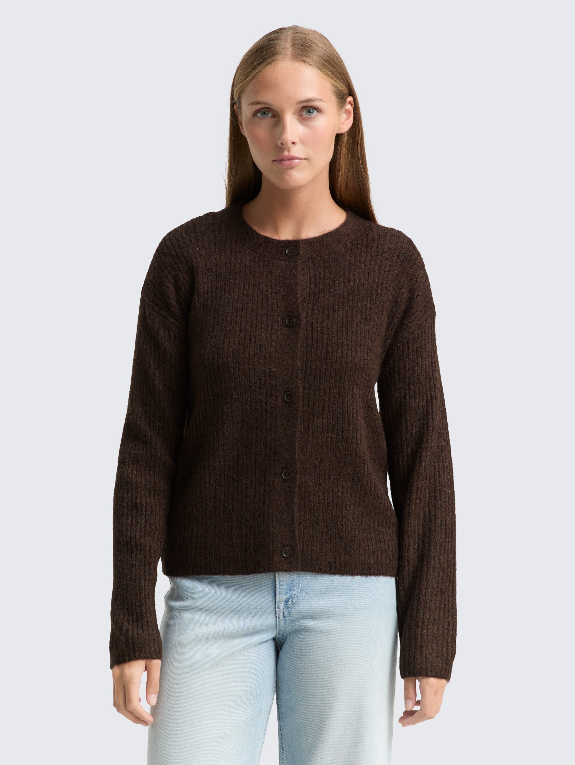 Gezellige cardigan met ronde hals - soft chocolate brown melange - Nek model vooraanzicht