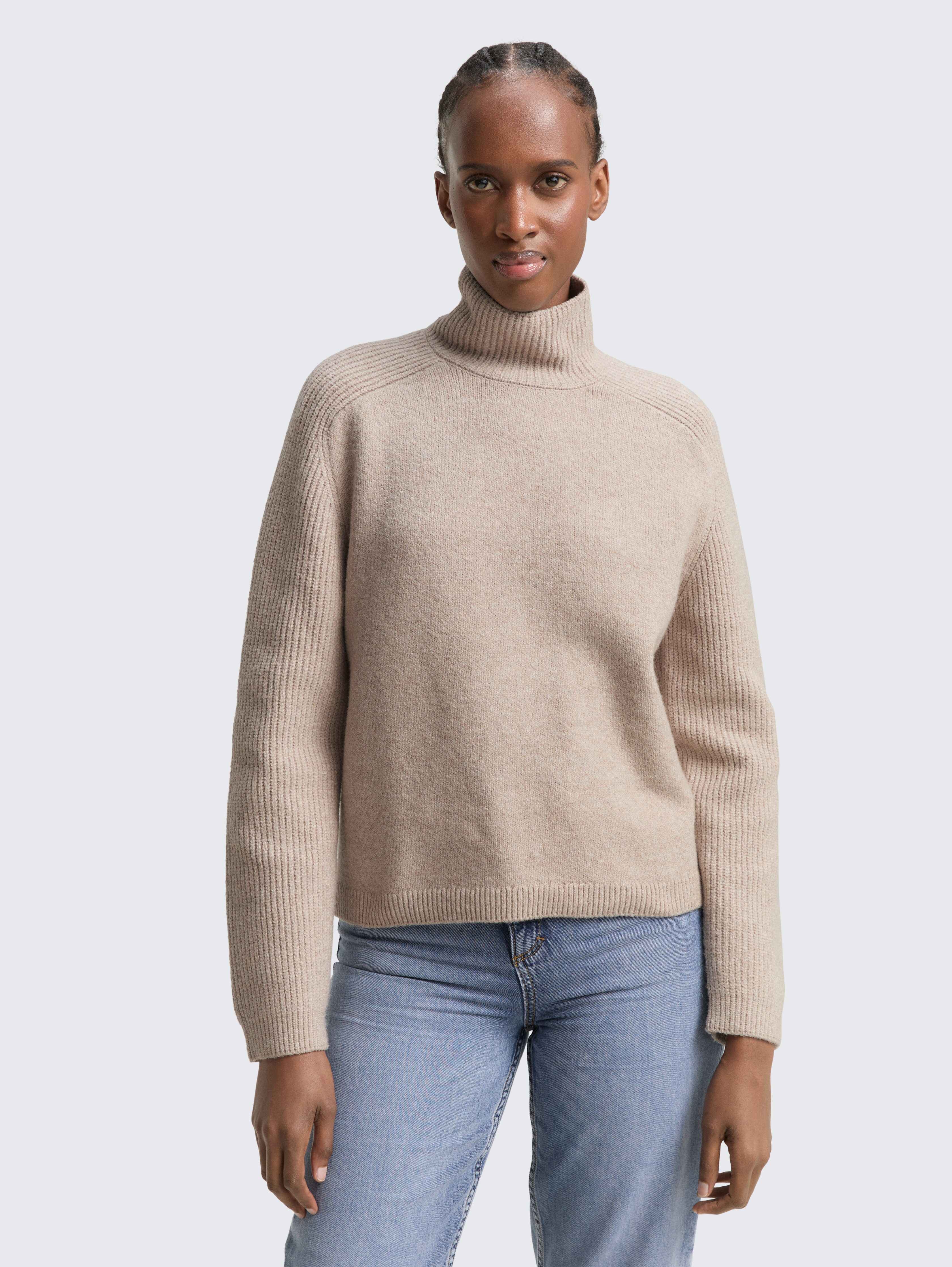 Relaxed Fit Strickpullover mit Stehkragen von Denim Female, cosy beige melange