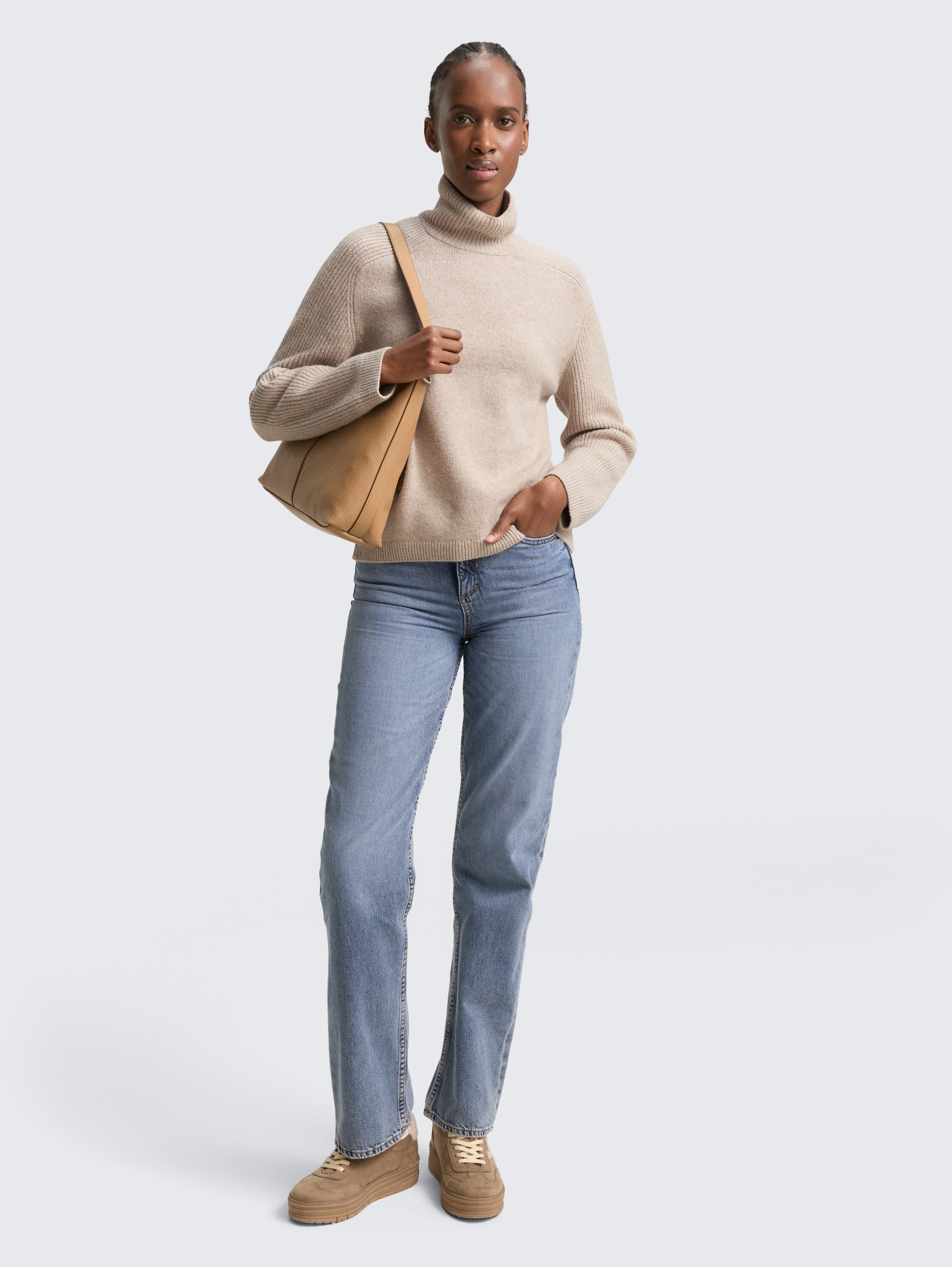 Relaxed Fit Strickpullover mit Stehkragen - cosy_beige_melange - 