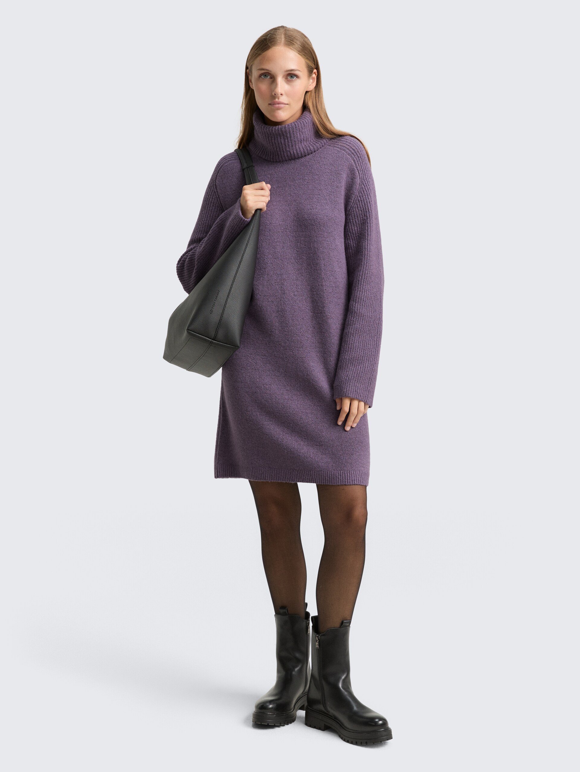 Mini-Kleid mit Rollkragen - dark lavender melange - seitliche Model-Ansicht