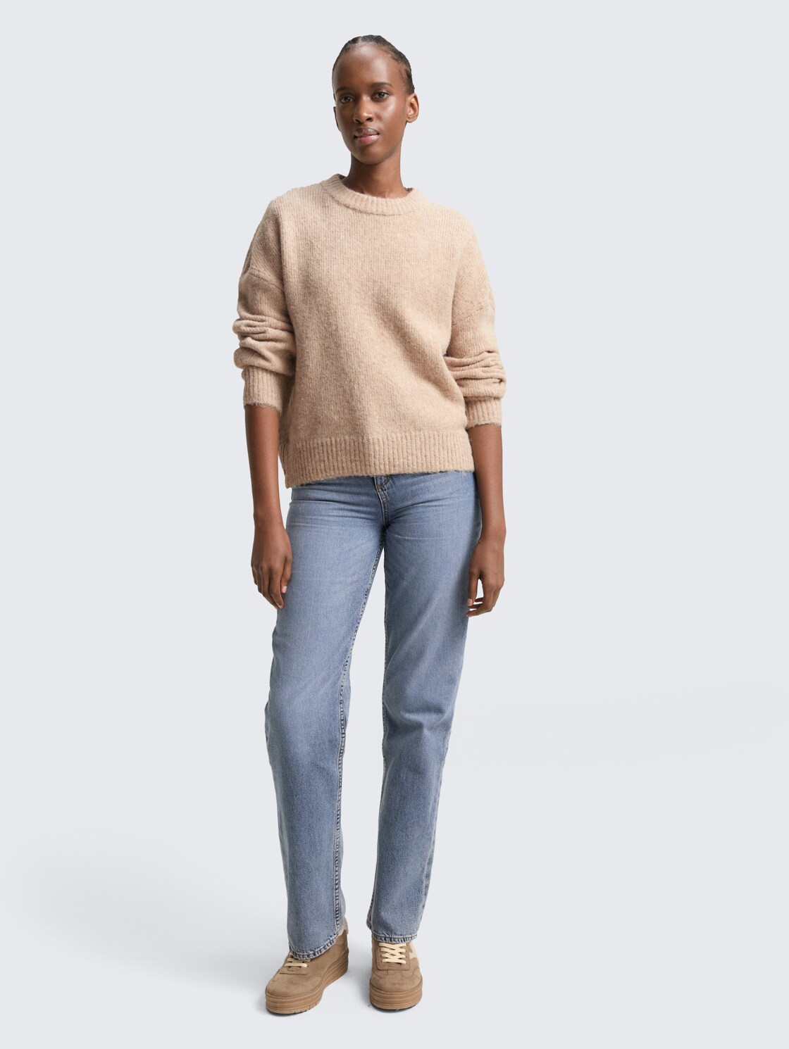 Oversize Strickpullover - cosy beige melange - Model-Vorderansicht