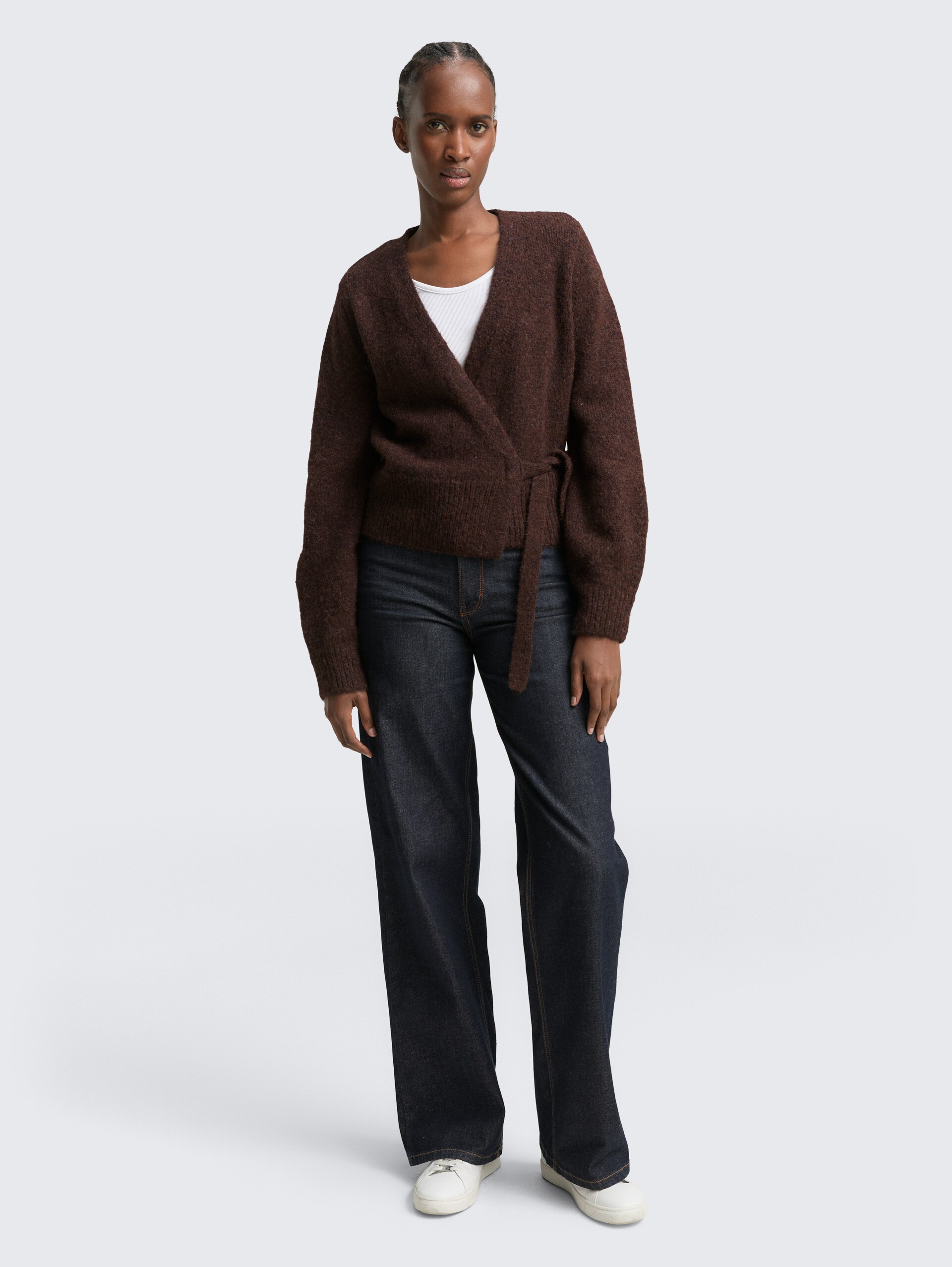 Relaxed Fit Wrap Cardigan - soft chocolate brown melange - Model-Vorderansicht