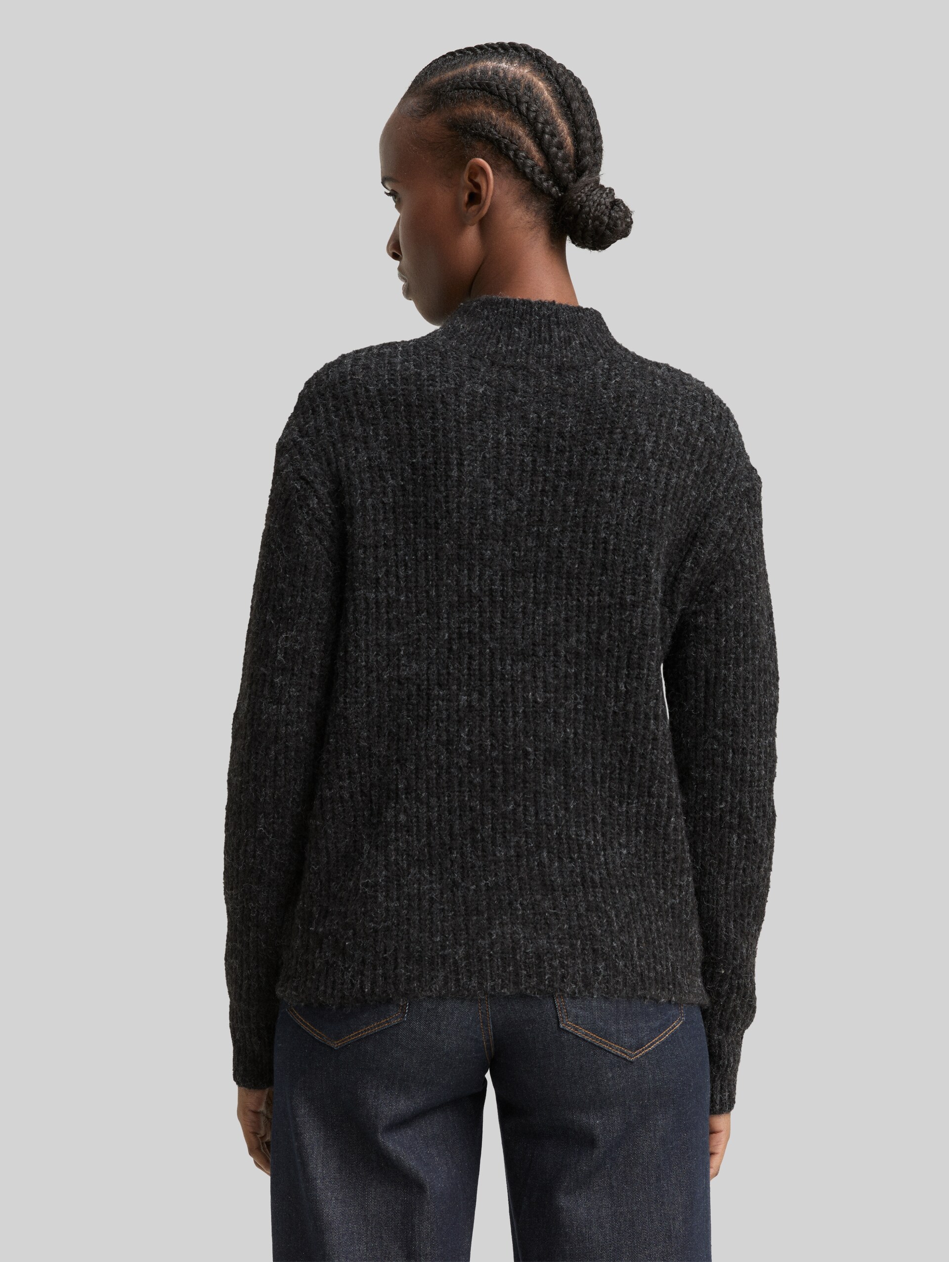 Relaxed fit knitted jumper with stand-up collar - Shale Grey Melange