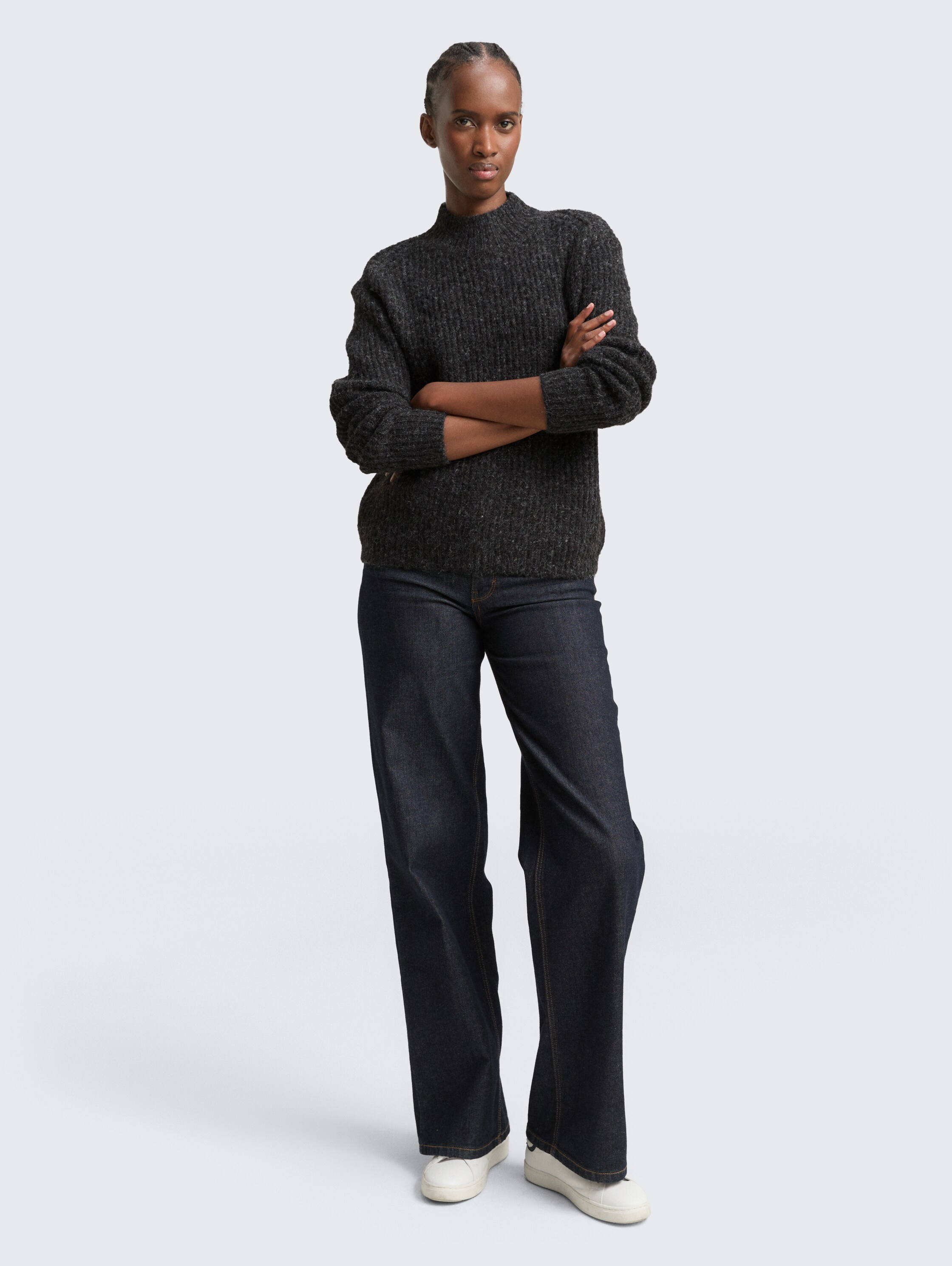 Relaxed fit gebreide trui met opstaande kraag - shale_grey_melange - 