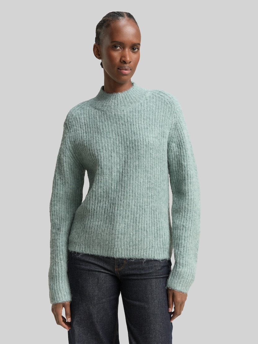 Relaxed fit gebreide trui met opstaande kraag door Denim Female, Silver Cloud Blue Melange
