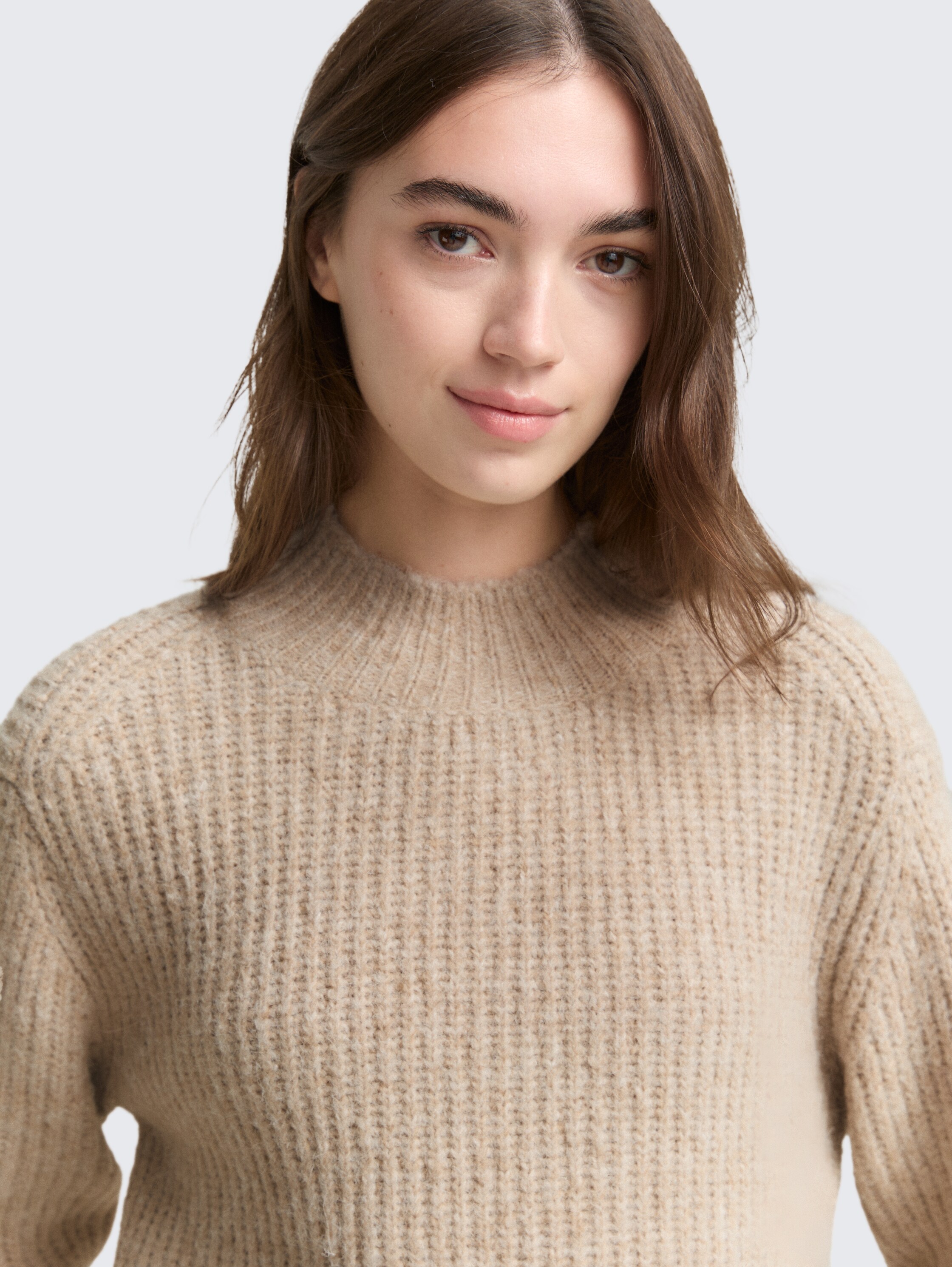 Relaxed Fit Strickpullover mit Stehkragen - cosy_beige_melange - 