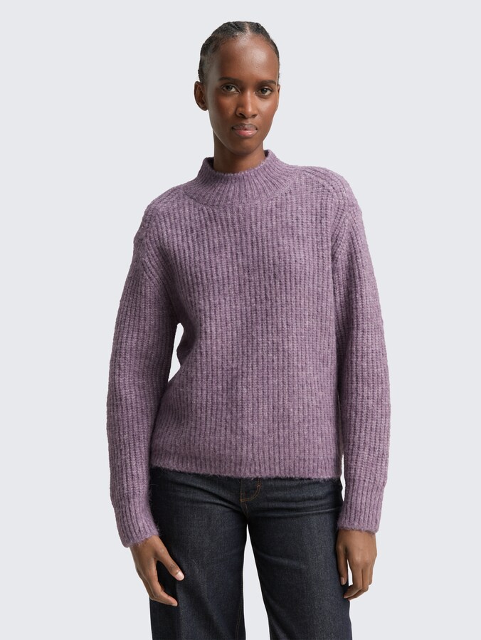 Relaxed fit gebreide trui met opstaande kraag door Denim Female, dark lavender melange