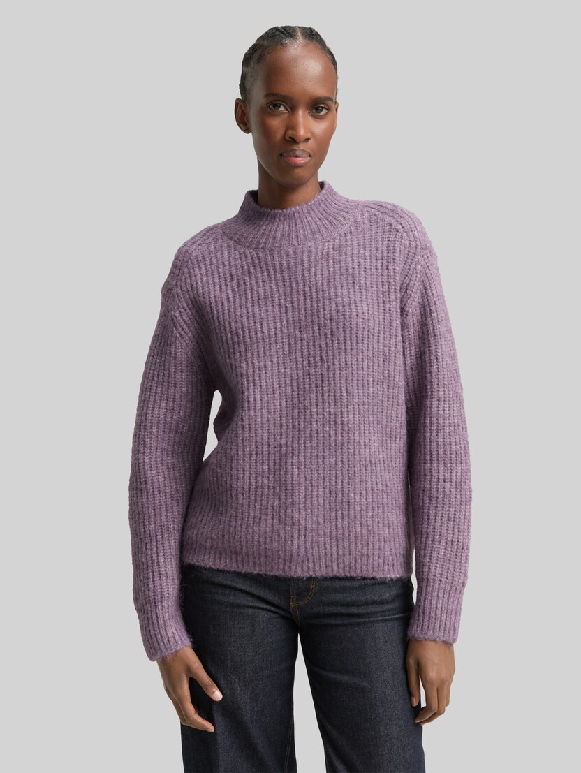 Relaxed fit gebreide trui met opstaande kraag door Denim Female, dark lavender melange