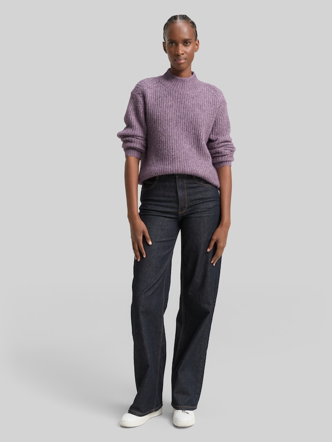 Relaxed fit gebreide trui met opstaande kraag door Denim Female, dark lavender melange