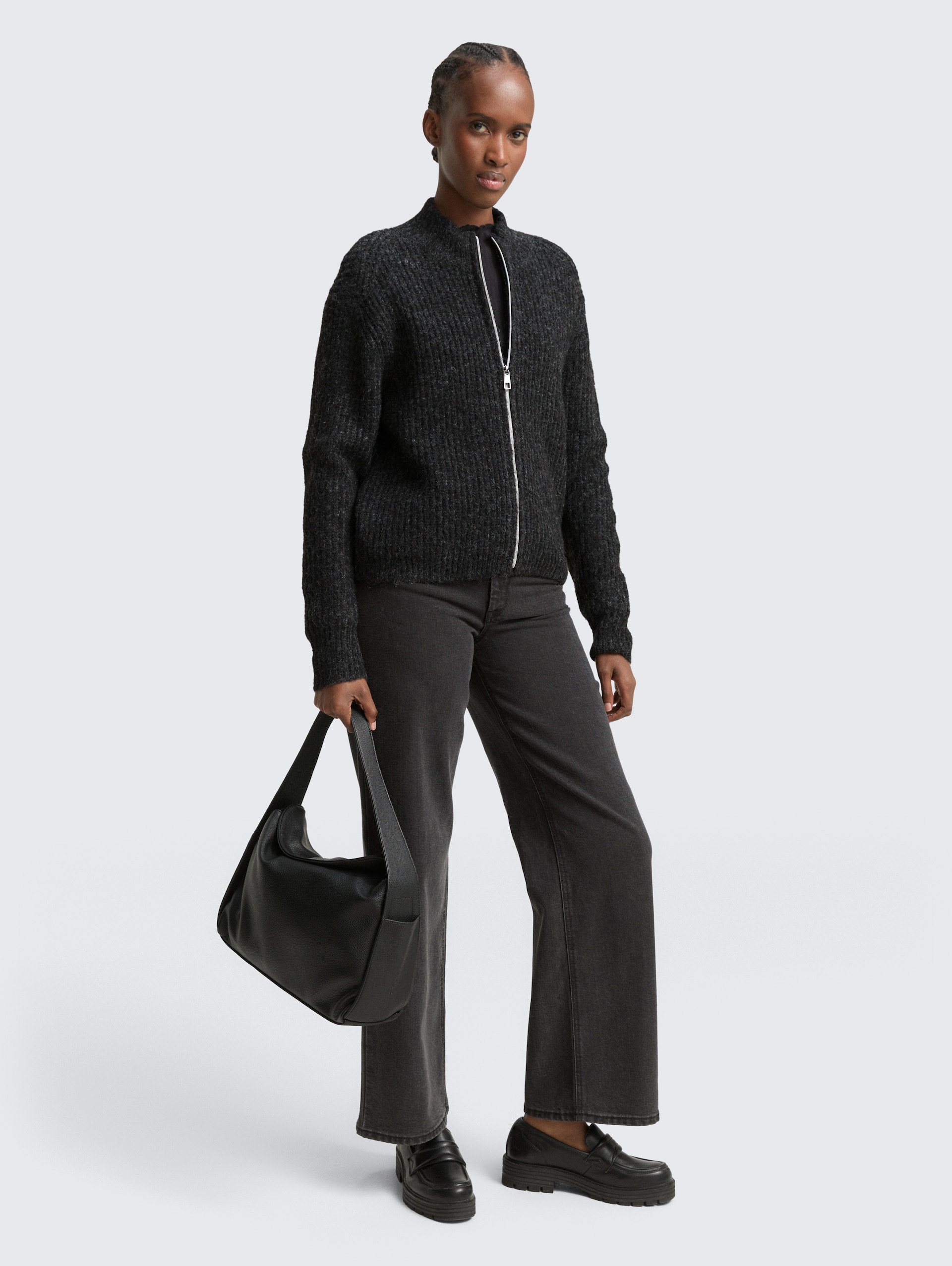 Cardigan mit Reißverschluss - Shale Grey Melange - Model-Vorderansicht