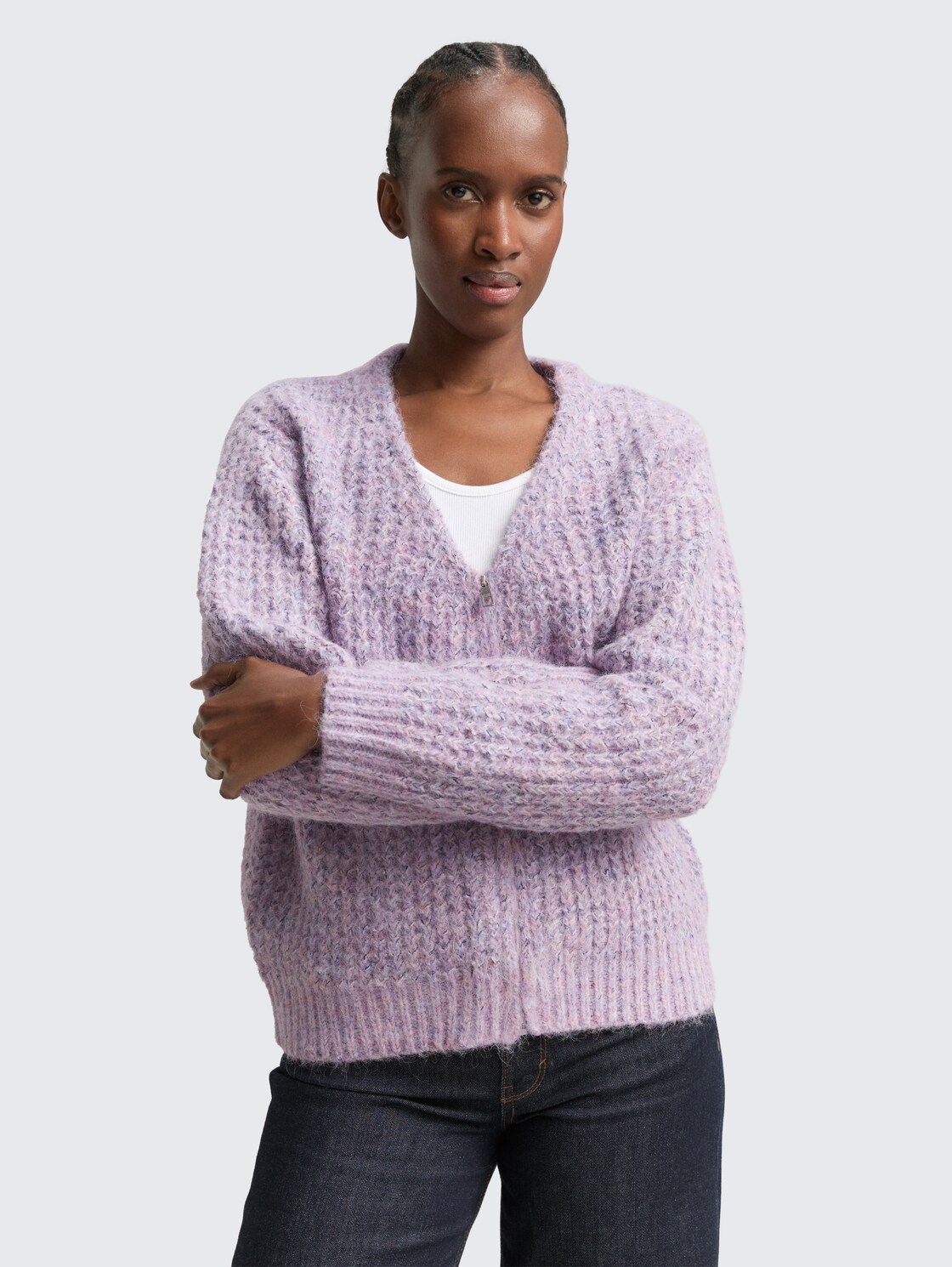 Relaxed Fit Cardigan mit Wollanteil - lilac multicolor melange - Ausschnitt Model-Vorderansicht