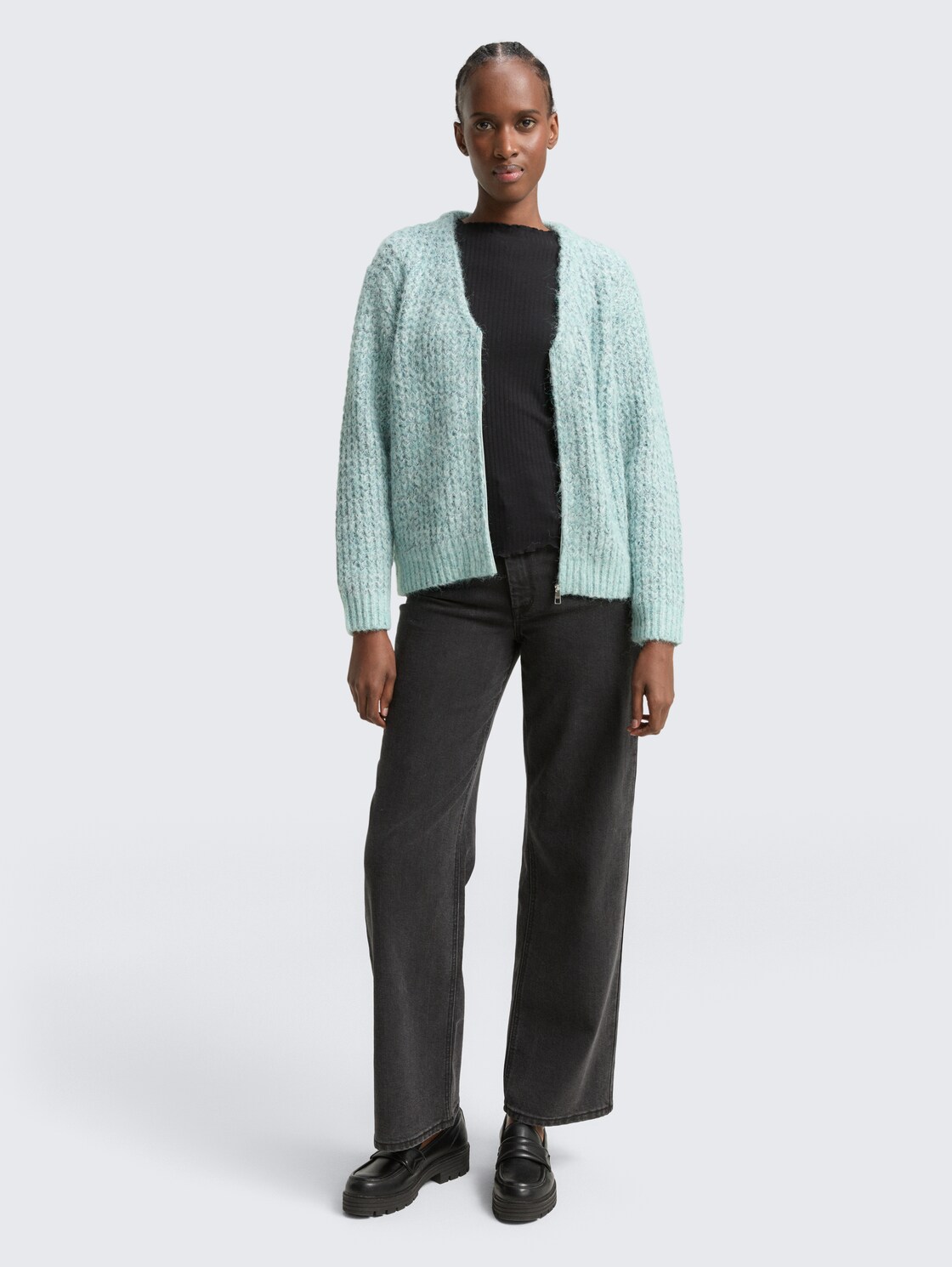 Relaxed Fit Cardigan mit Wollanteil - mint multicolor melange - Model-Vorderansicht