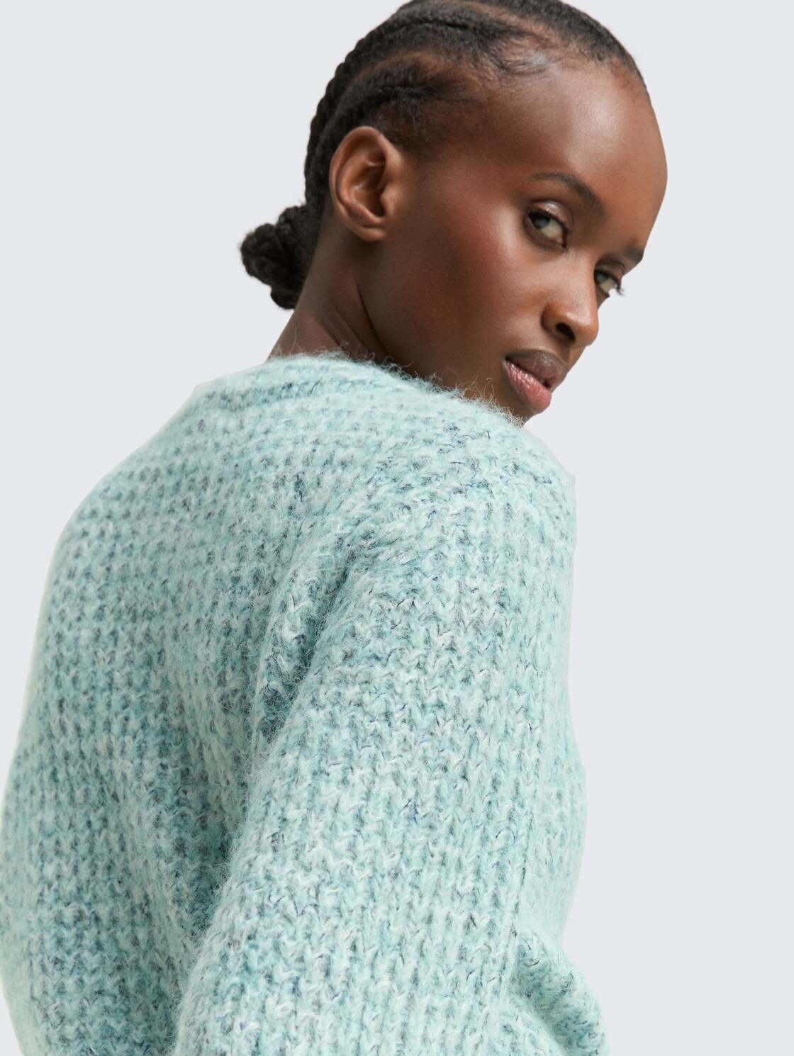 Relaxed Fit Cardigan mit Wollanteil - mint multicolor melange - Detail-Model-Ansicht