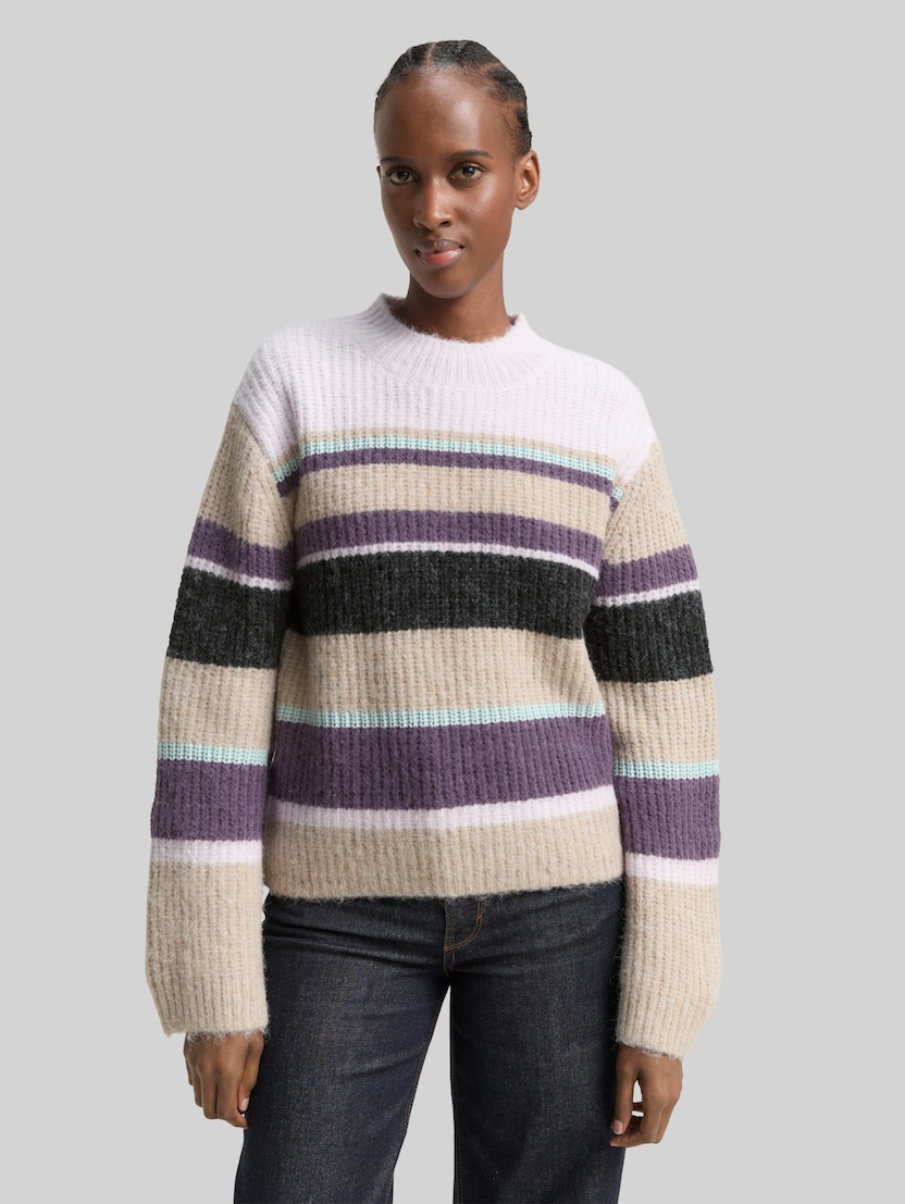 Relaxed Fit Strickpullover mit Streifenmuster von Denim Female, beige lilac multicolor stripe