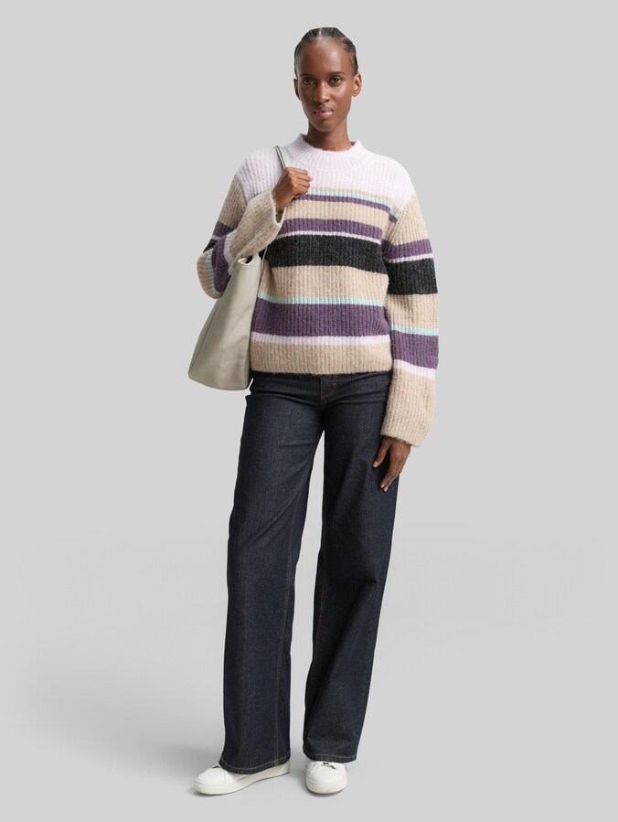 Relaxed Fit Strickpullover mit Streifenmuster von Denim Female, beige lilac multicolor stripe