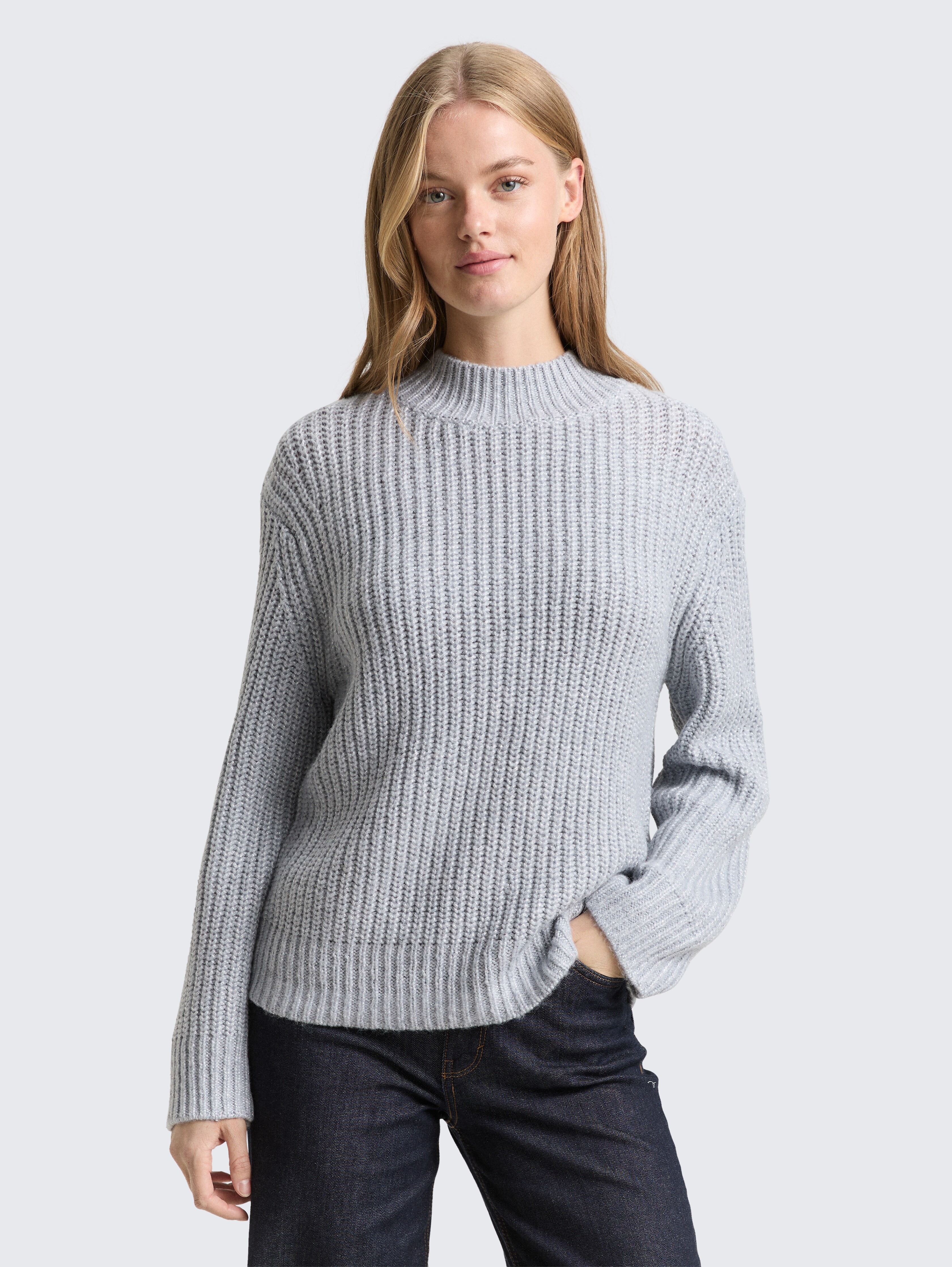 Relaxed Fit Strickpullover mit Glitzer-Effekt von Denim Female, Cement Grey Mélange