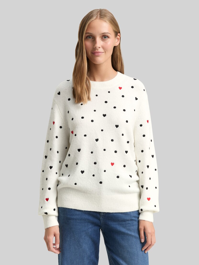 Relaxed fit gebreide trui met borduursels door Denim Female, white black dots and hearts