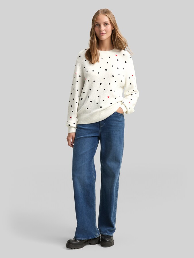 Relaxed Fit Strickpullover mit Stickereien von Denim Female, white black dots and hearts