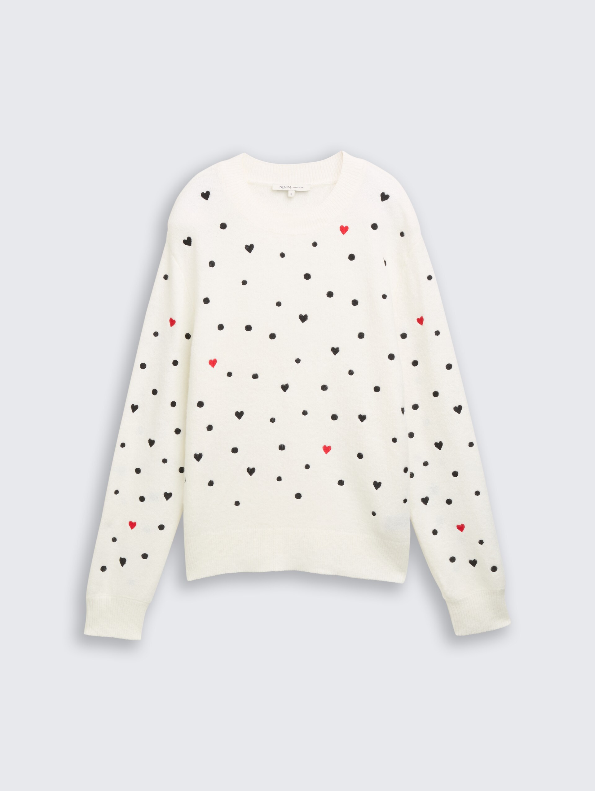 Relaxed Fit Strickpullover mit Stickereien - white black dots and hearts