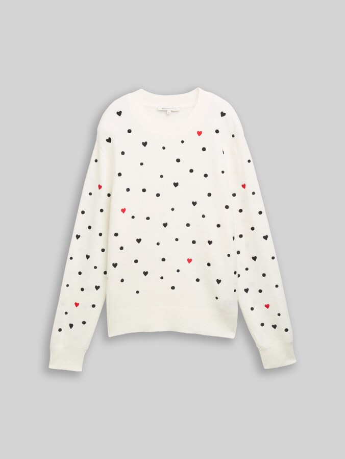 Relaxed Fit Strickpullover mit Stickereien von Denim Female, white black dots and hearts