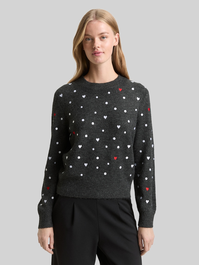 Relaxed Fit Strickpullover mit Stickereien von Denim Female, grey white dots and hearts