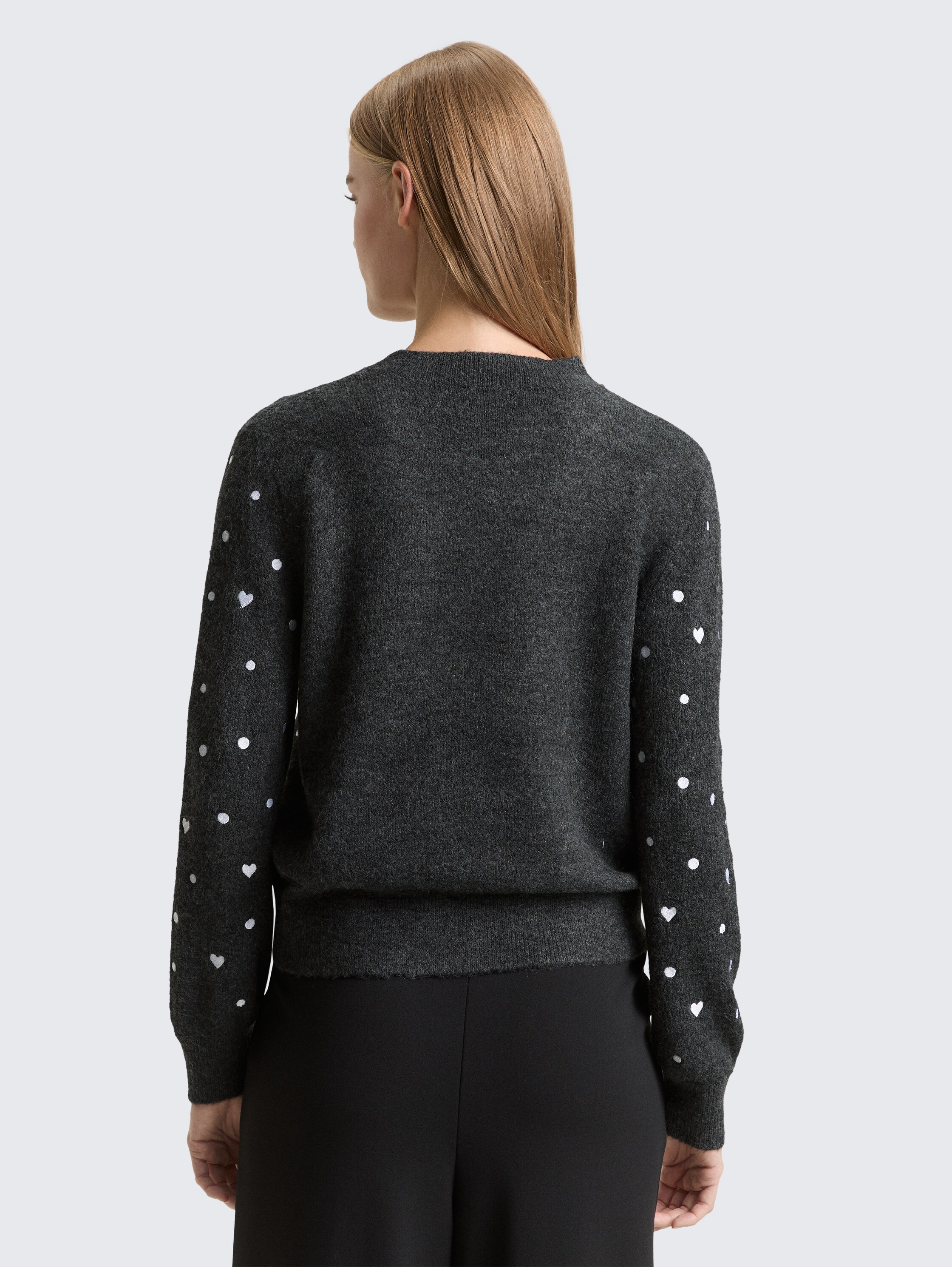 Relaxed fit gebreide trui met borduursels - grey_white_dots_and_hearts - 