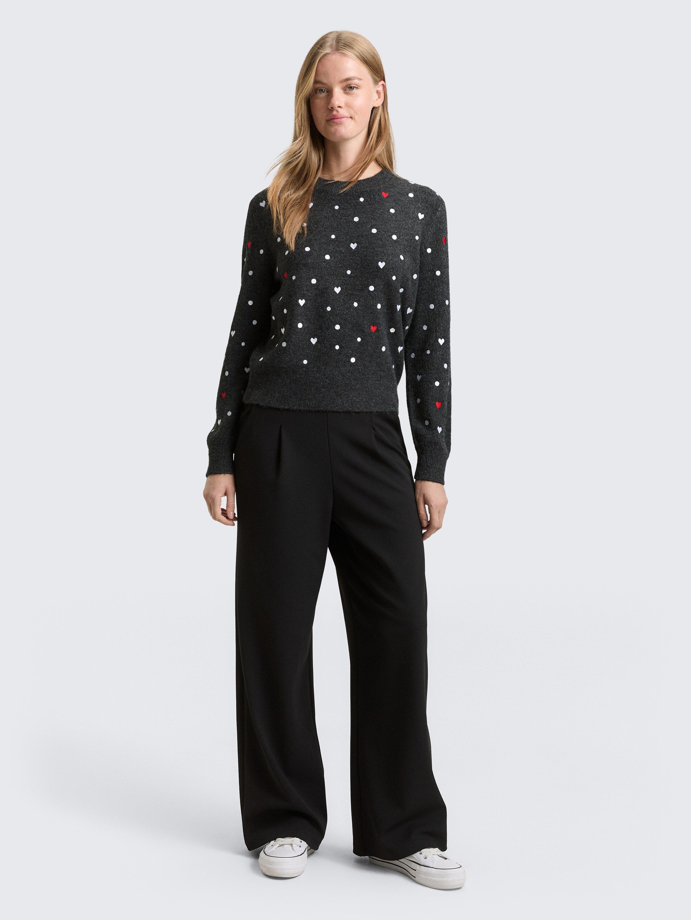 Relaxed fit gebreide trui met borduursels - grey_white_dots_and_hearts - 