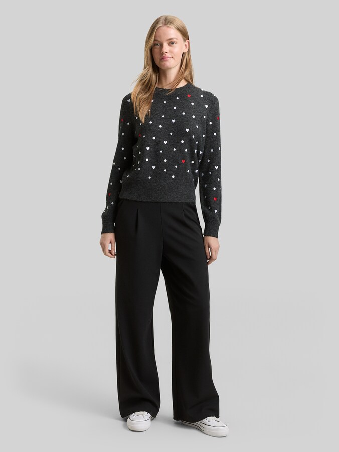 Relaxed Fit Strickpullover mit Stickereien von Denim Female, grey white dots and hearts