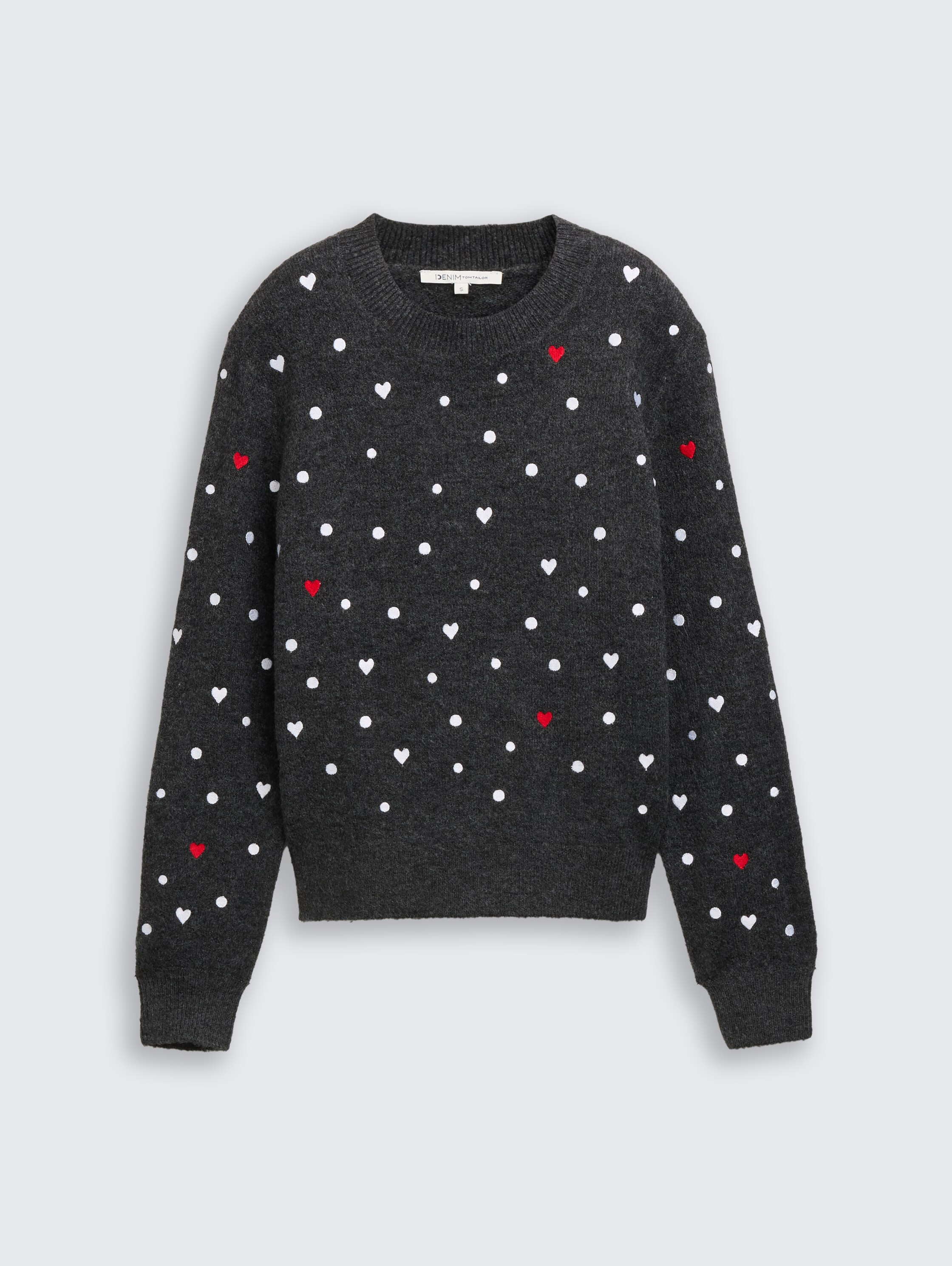 Relaxed fit gebreide trui met borduursels - grey_white_dots_and_hearts - 