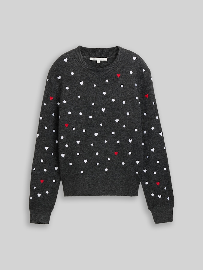 Relaxed Fit Strickpullover mit Stickereien von Denim Female, grey white dots and hearts