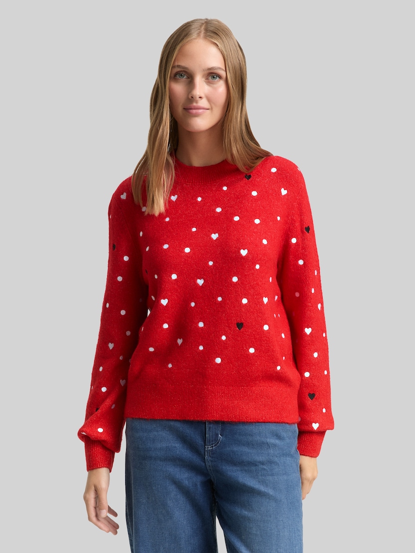 Relaxed Fit Strickpullover mit Stickereien von Denim Female, red with hearts